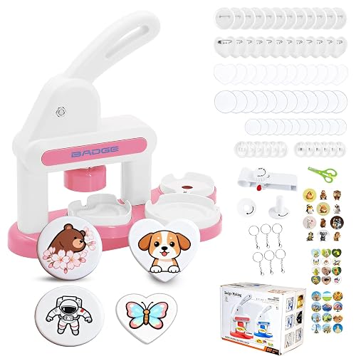 KEGOZ Button Maker Machine, 55mm & 35mm Badge Machine with 36 Pcs Button Parts, Stickers, Circle Cutter, Badge Making Kit, DIY Round/Heart Pin Badge Maker for Birthday Christmas Gifts (Pink) - Pink