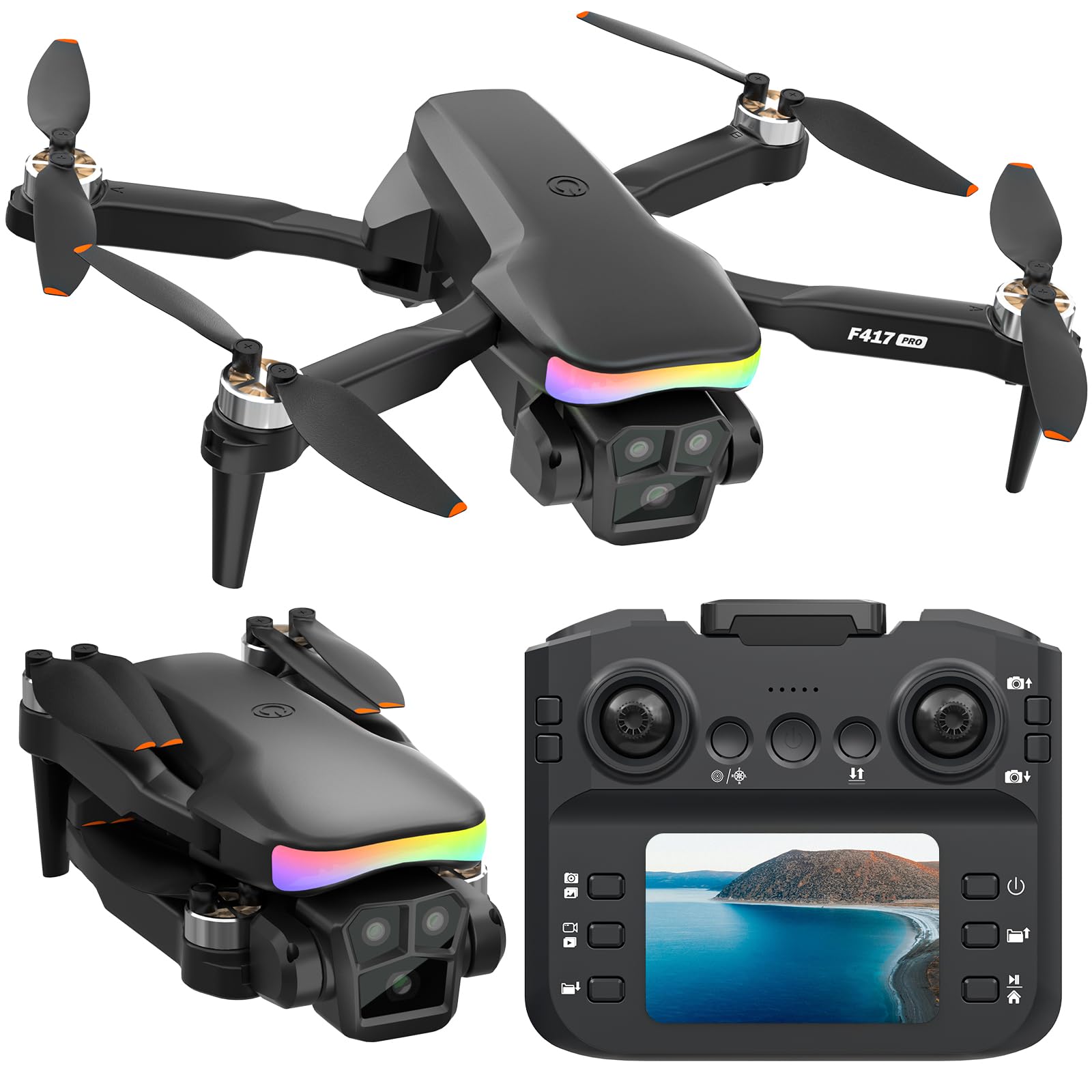 F417PRO Drone con Telecamera 1080P per Adulti Bambini, Mini Drone con Schermo, Doppia Lente 90°, LED, Flusso Ottico, Batteria Modulare, Principianti, Decollo 1 Tasto, Senza Testa, Flip 3D, Borsa