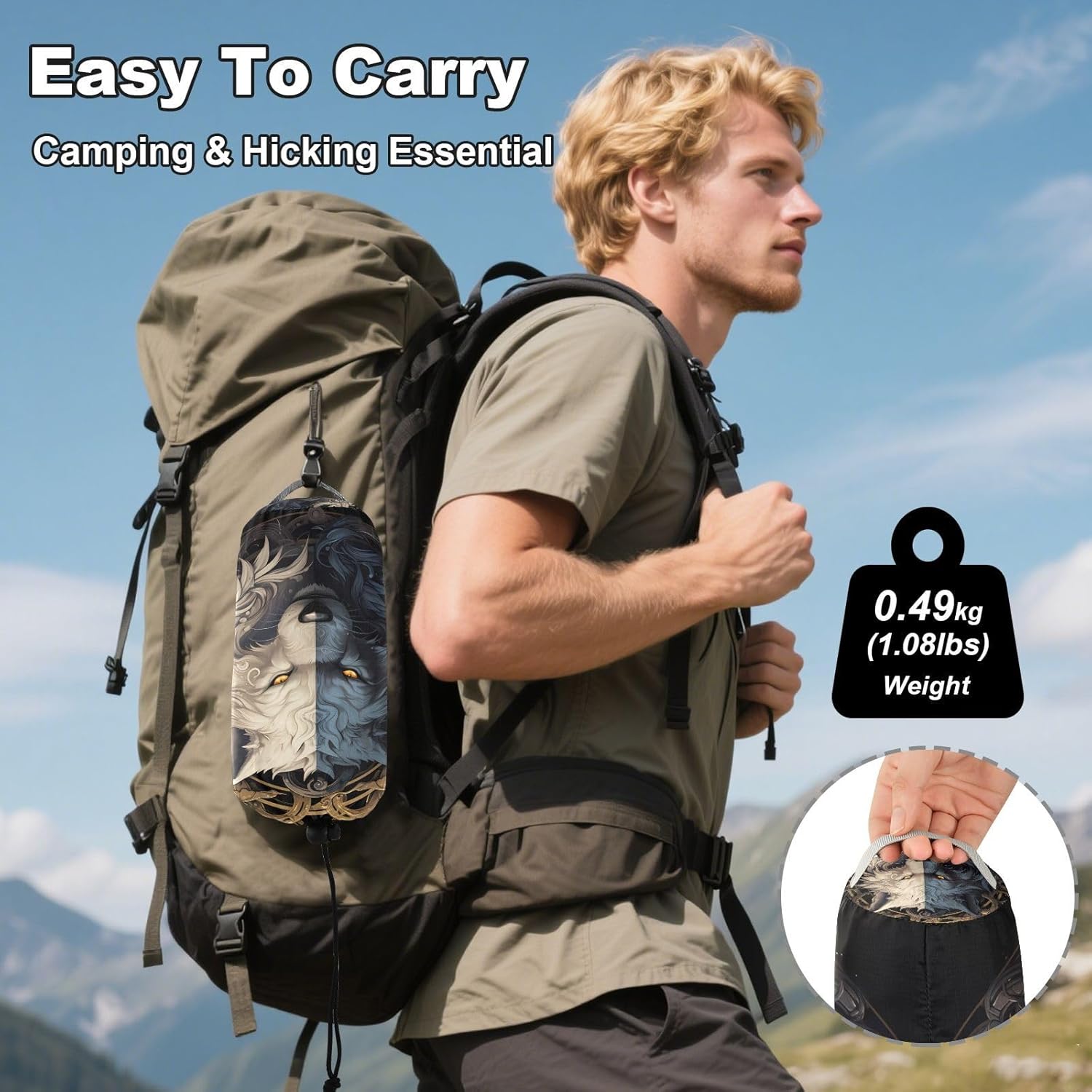 ALAZA Wolf Yinyang Camping Hammocks Single or 2 Person 500 lbs Portable Parachute Travel Hammock w/Tree Straps for Hiking Backpacking Indoor Outdoor