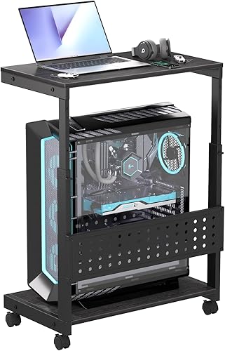 Soporte de torre para computadora, soporte de torre para PC con ruedas, doble nivel y soporte de CPU ajustable de 5 niveles (23.2-33.5 pulgadas),