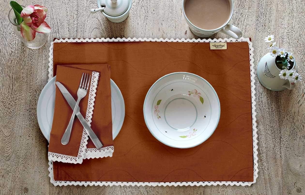 Rust Brown Solid Home Decor Washable Reversible Lace Dining Tablemats with Napkins Set-Pack of 6