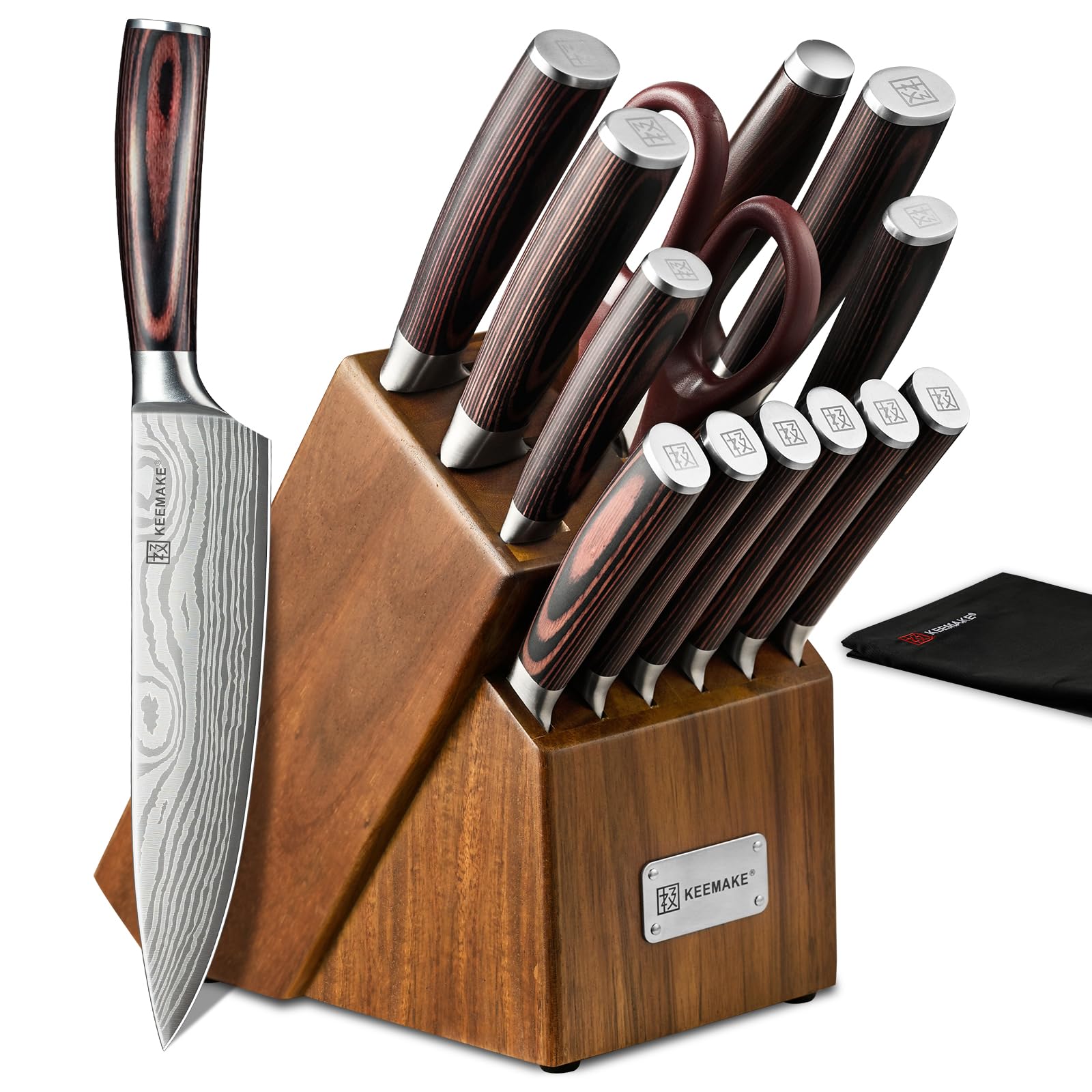 KEEMAKE Knife Set, 15 Pieces Knife Block Set w/ Kitchen Apron and Sharpener