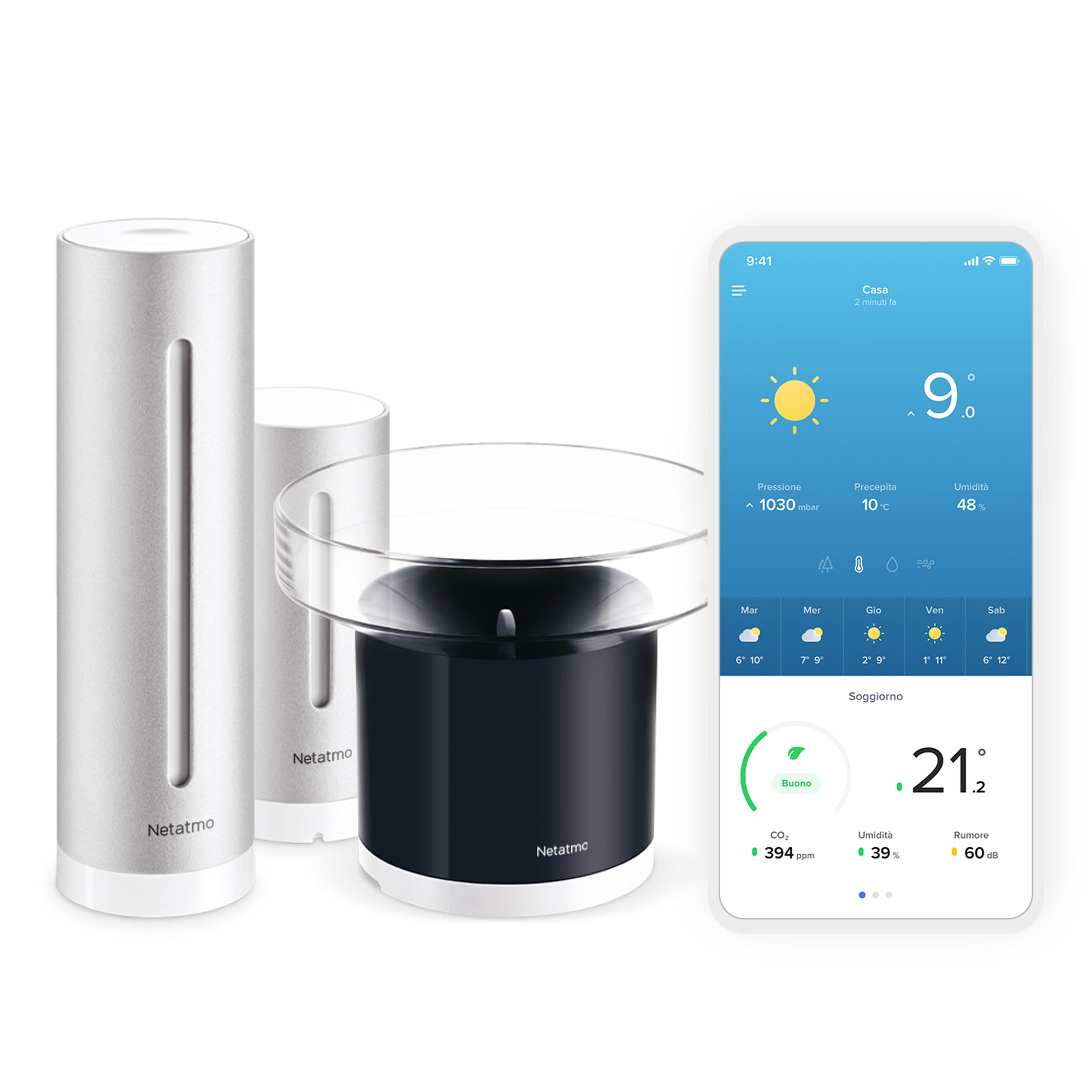 Netatmo Stazione Meteo con Sensore Esterno Wireless con supporto a parete, Termometro, Igrometro & NRG01-WW Pluviometro Wireless per la Stazione Meteo, Nero