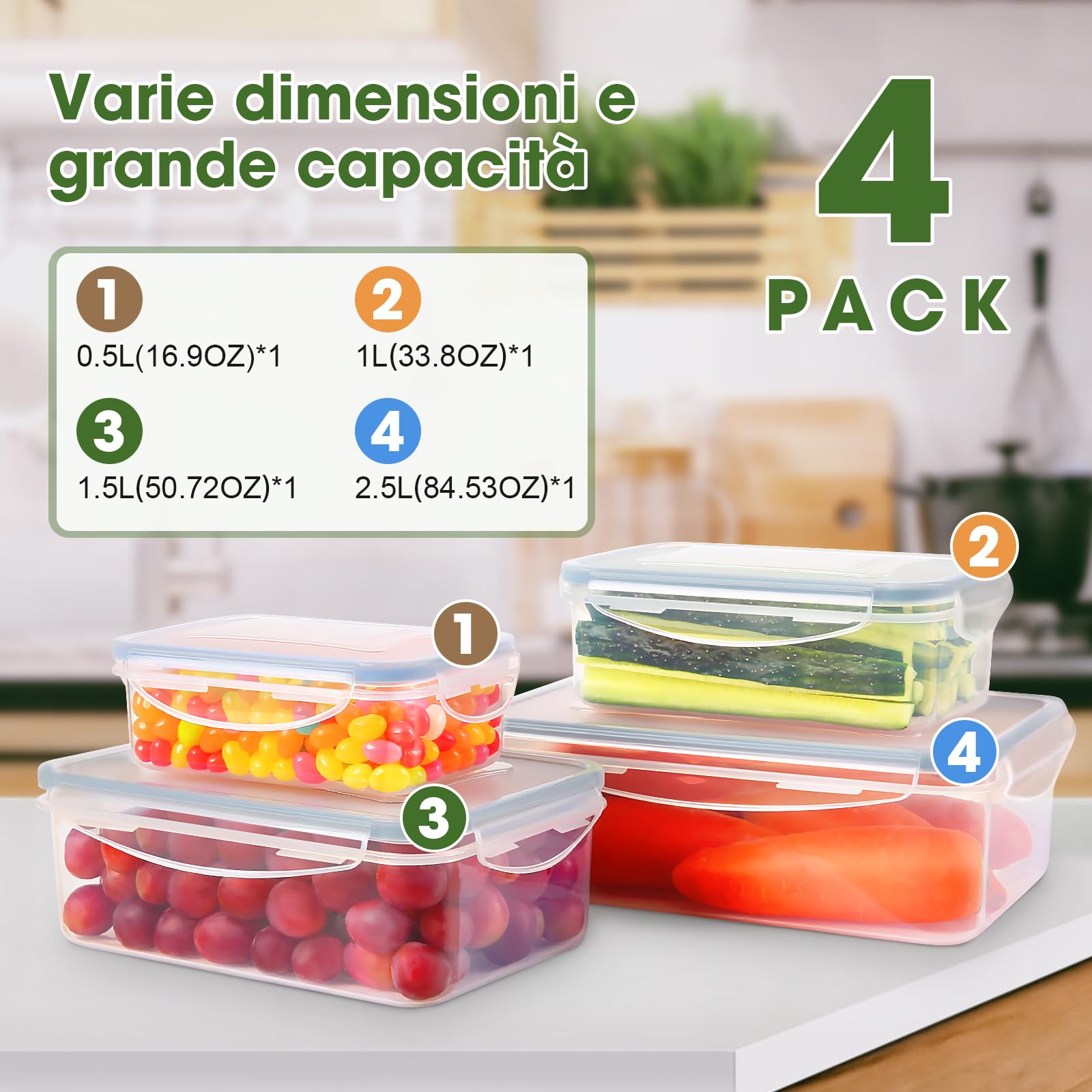 YASHE Contenitori Ermetici per Alimenti 4 Pezzi, Plastica Senza BPA, Lavastoviglie e Microonde
