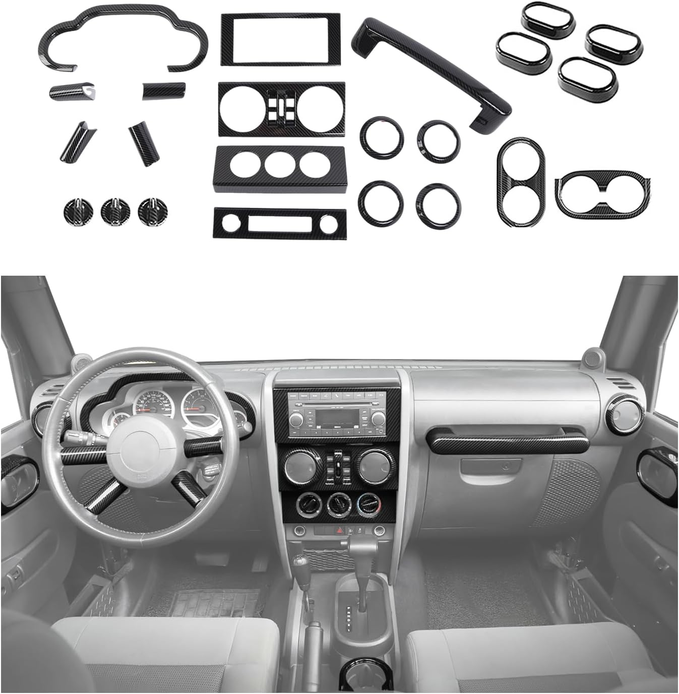 22PCS Center Consoles Interior Trim Kit fit for Jeep Wrangler JK JKU 2007-2010 Dashboard Cover Cup Holder Panel,Carbon Fiber Grain