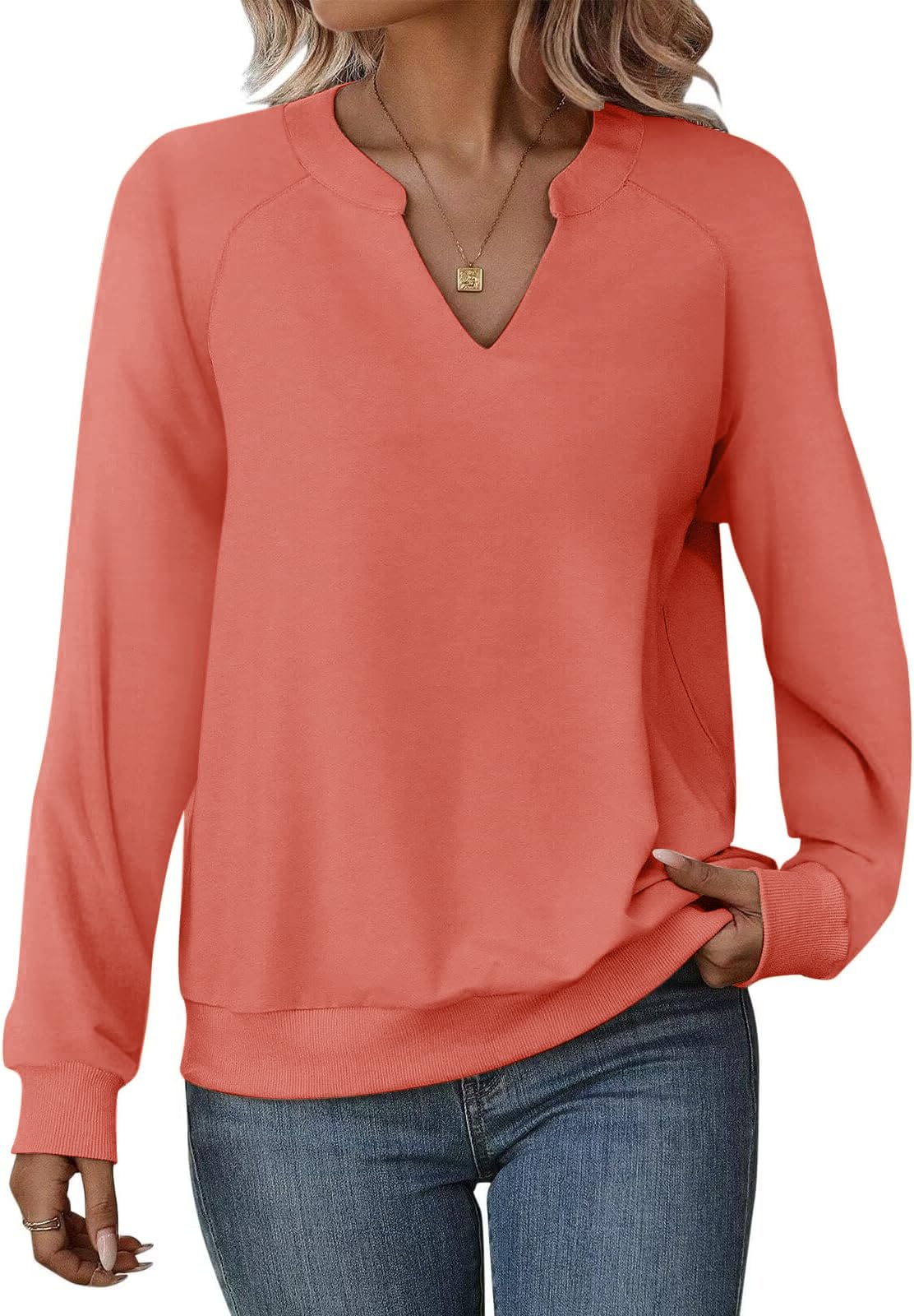 Cuptacc Pullover Damen Langarmshirt V-Ausschnitt Oberteile | V-Ausschnitt,Locker,Elegant,Langarm,Einfarbig,Bequeme,Herbst,Winter,Casual,Schicker,Women