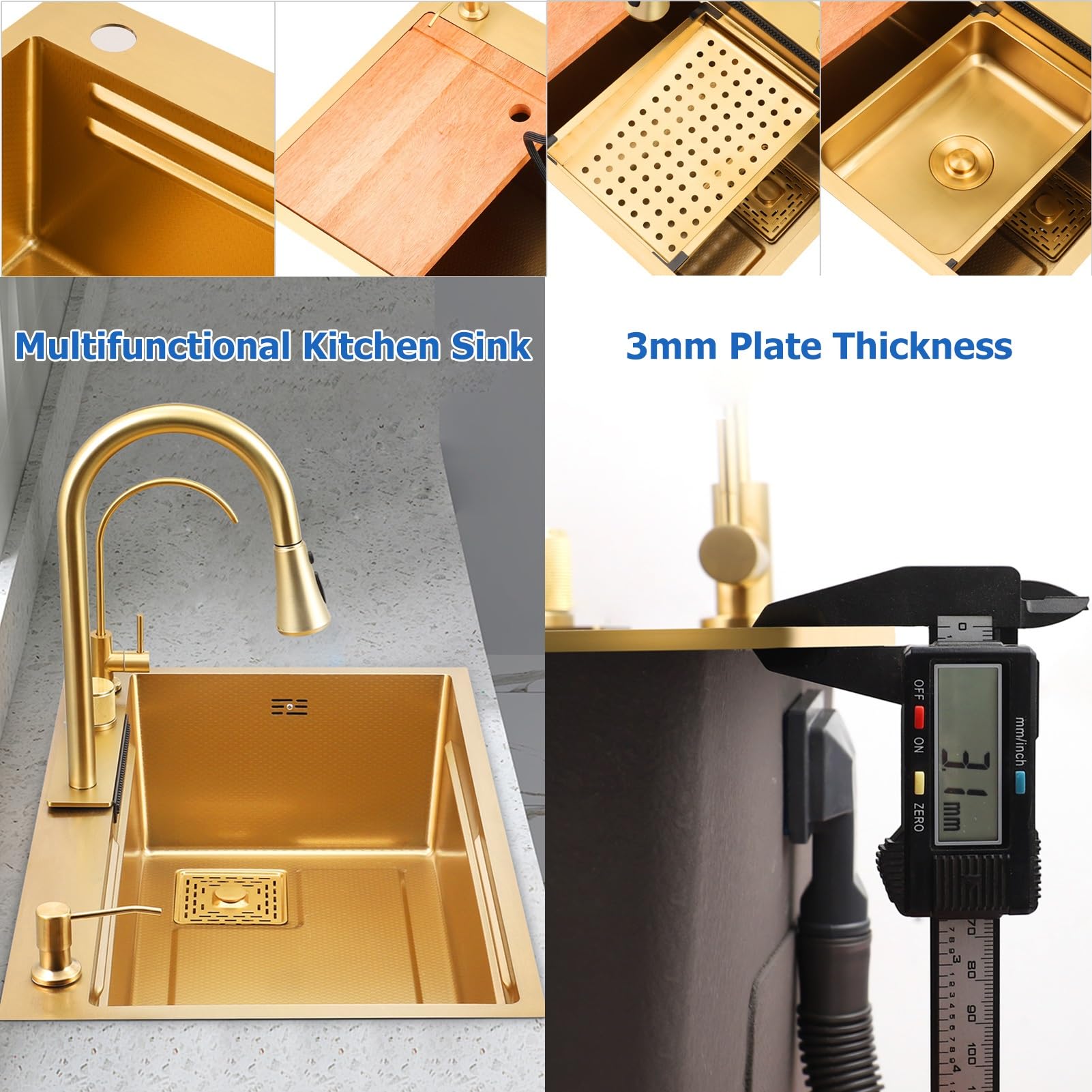 Stainless Steel Waterfall Kitchen Sink Combo With Pull-Out Faucet Nano-Coated Topmount Single Bowl Workstation Sink With Accessories, Pressure Pot Washer, Cutting Board, Draining Basket(Gold,68x45cm)