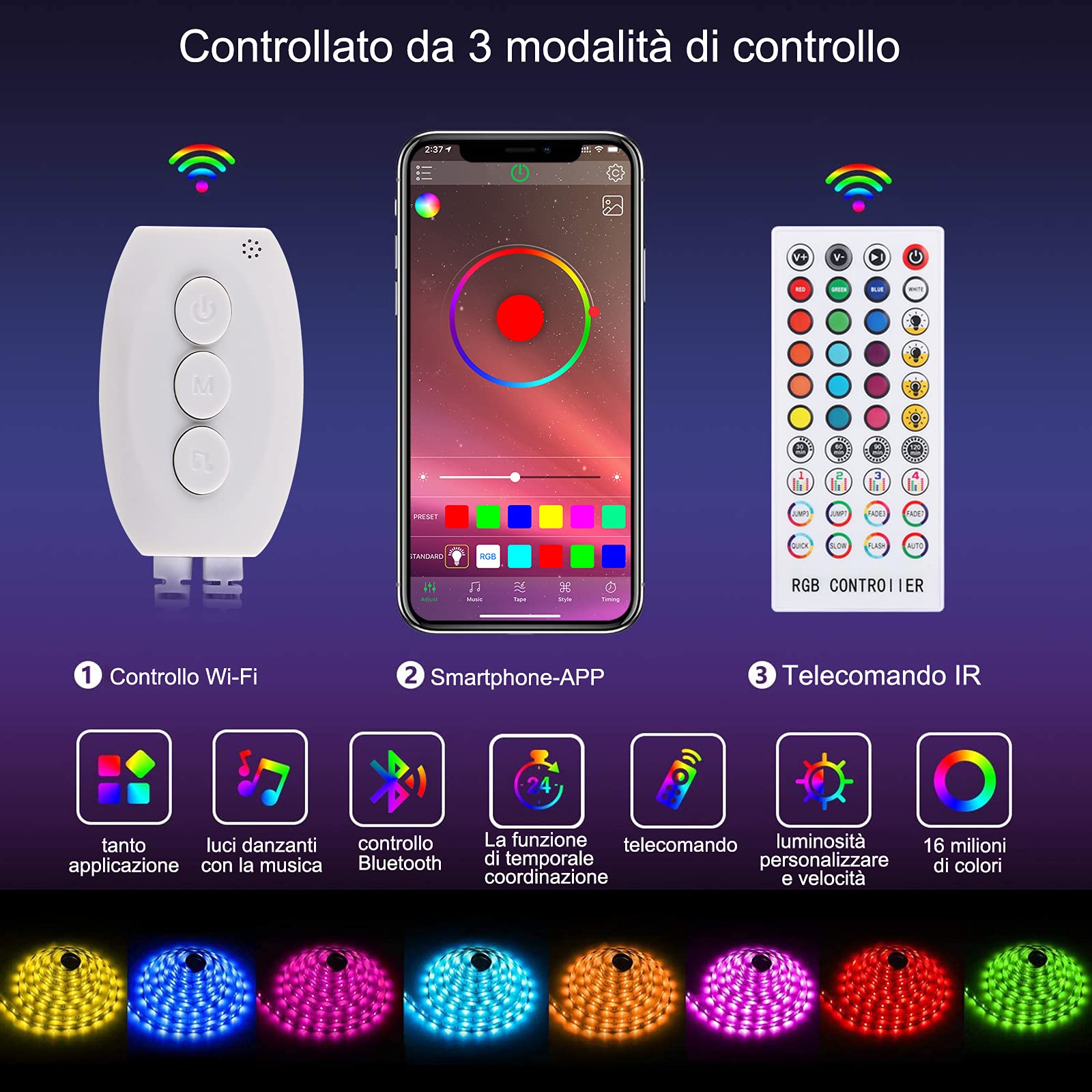 Striscia LED 5M Bluetooth, LUXONIC Strisce LED Flessibile 5050 RGB Impermeabile controllata da App e Telecomando, Luci LED adatto per TV, Camera da letto, Natale, Feste e Decorazioni per la casa