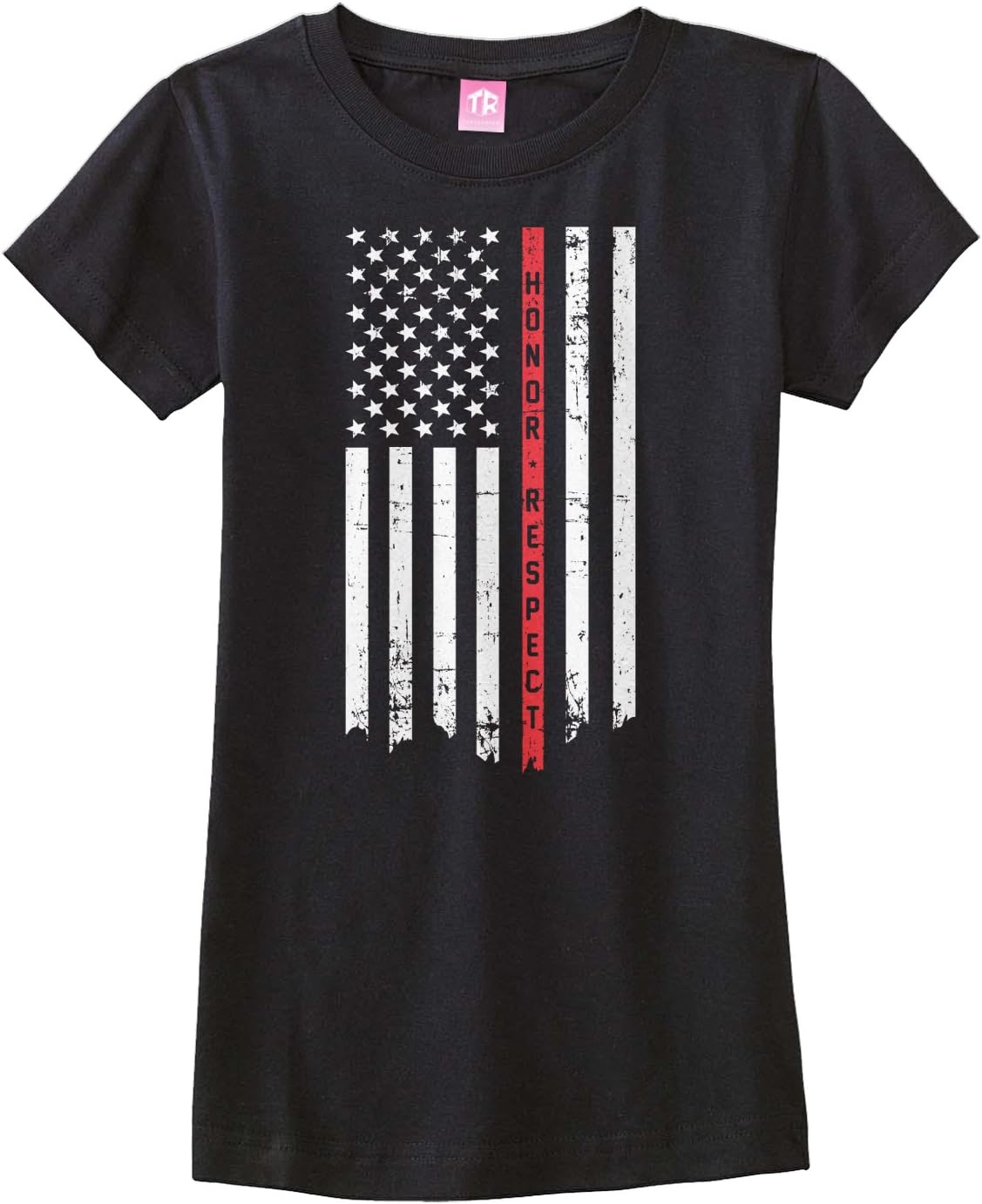 Threadrock Big Girls' Honor & Respect Thin Red Line Flag Fitted T-Shirt