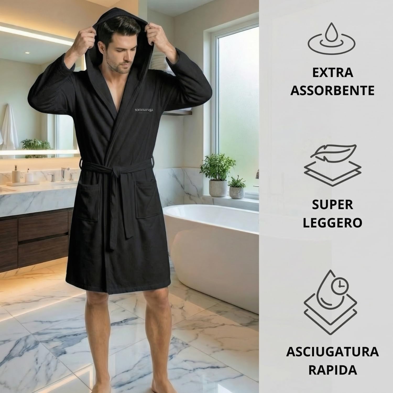 Intimitaly Accappatoio in Microfibra con Cappuccio, Tasche e Cintura, Unisex, Asciugatura Rapida, Traspirante, Disponibile in Vari Colori - 4