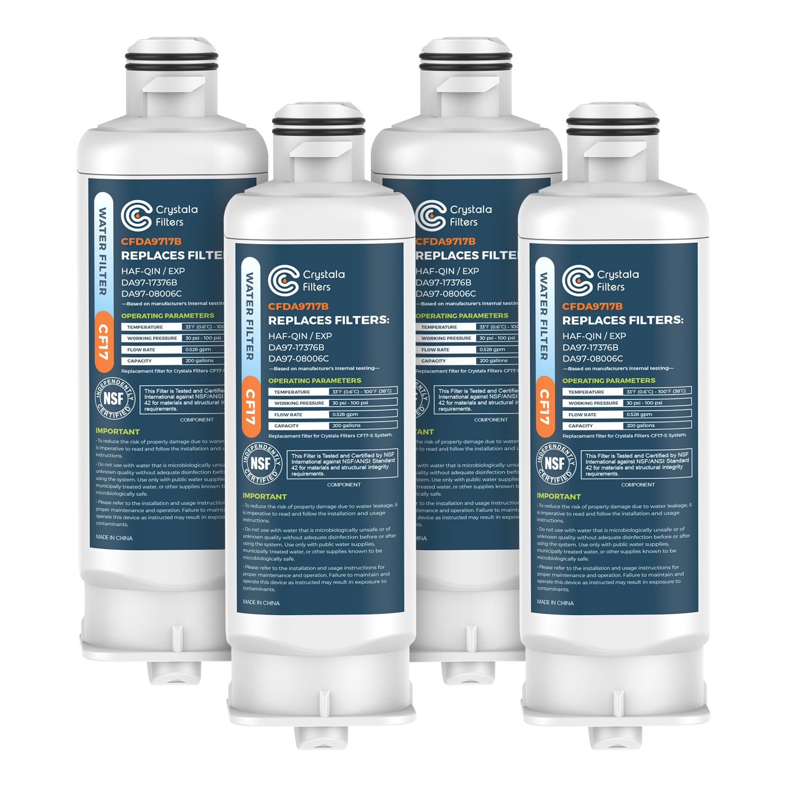 Crystala Filters CFDA9717B Replacement for DA97-17376B Water Filter, NSF 42 Compatible with Samsung HAF-QIN, HAF-QIN/EXP, DA97-08006C, RF23M8070SG, RF23M8070SR, RF23M8090SG, RF23M8570SR (4 Pack)