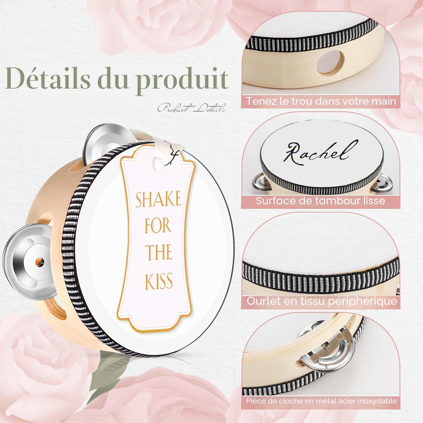 Lot de 36 tambourins de mariage en vrac de 10,2 cm pour adultes - Tambourin à main en bois avec jingles en métal, étiquettes cadeaux, instrument de musique pour église, fête de mariage