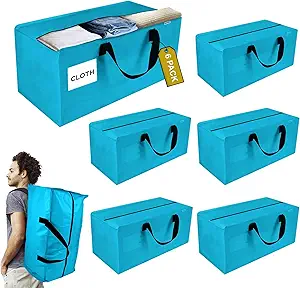 6 Pack Extra Large Moving Bags with Zippers, Backpack Straps & Reinforced Handles, Heavy Duty Storage Bags for Clothes, Moving, Space Saving, Blue