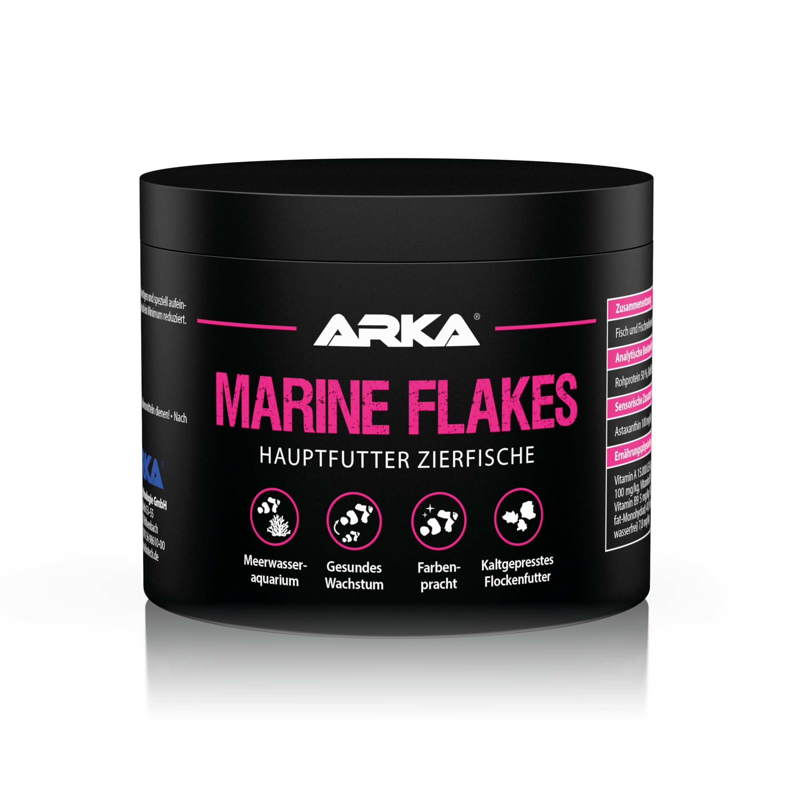 Flockenfutter Meerwasserfische 500 ml / 50 g – kaltgepresstes Hauptfutter für Farbenpracht, Wachstum & gesunde Vitalität – ohne Spirulina & minderwertiges Fischmehl – ARKA Marine Flakes