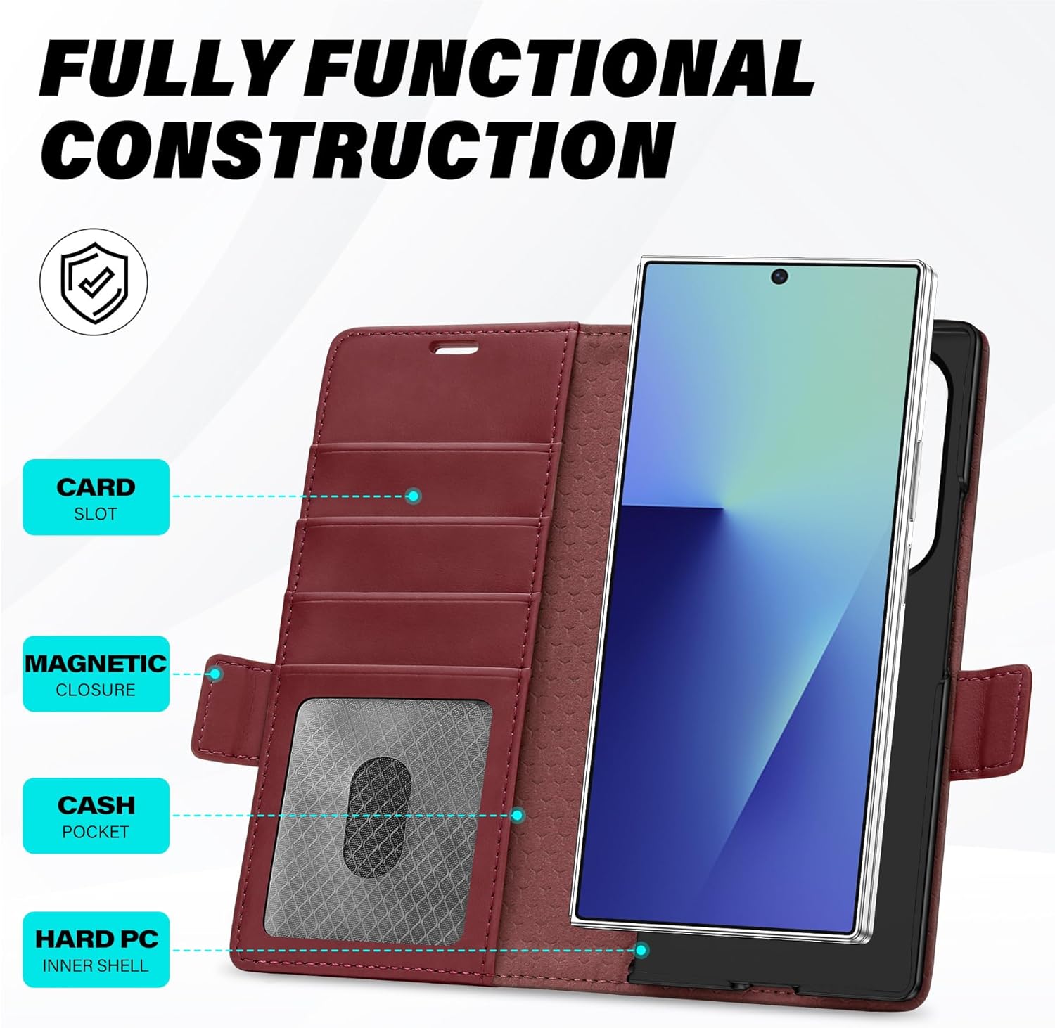 TUCCH Case Wallet for Galaxy Z Fold7 5G, Shockproof PU Leather Magnetic Folio Cover with [RFID Blocking] [Kickstand][4 Card Slots], PC Shell Compatible with Galaxy Z Fold 7 (8.0") 2025, Dark Red