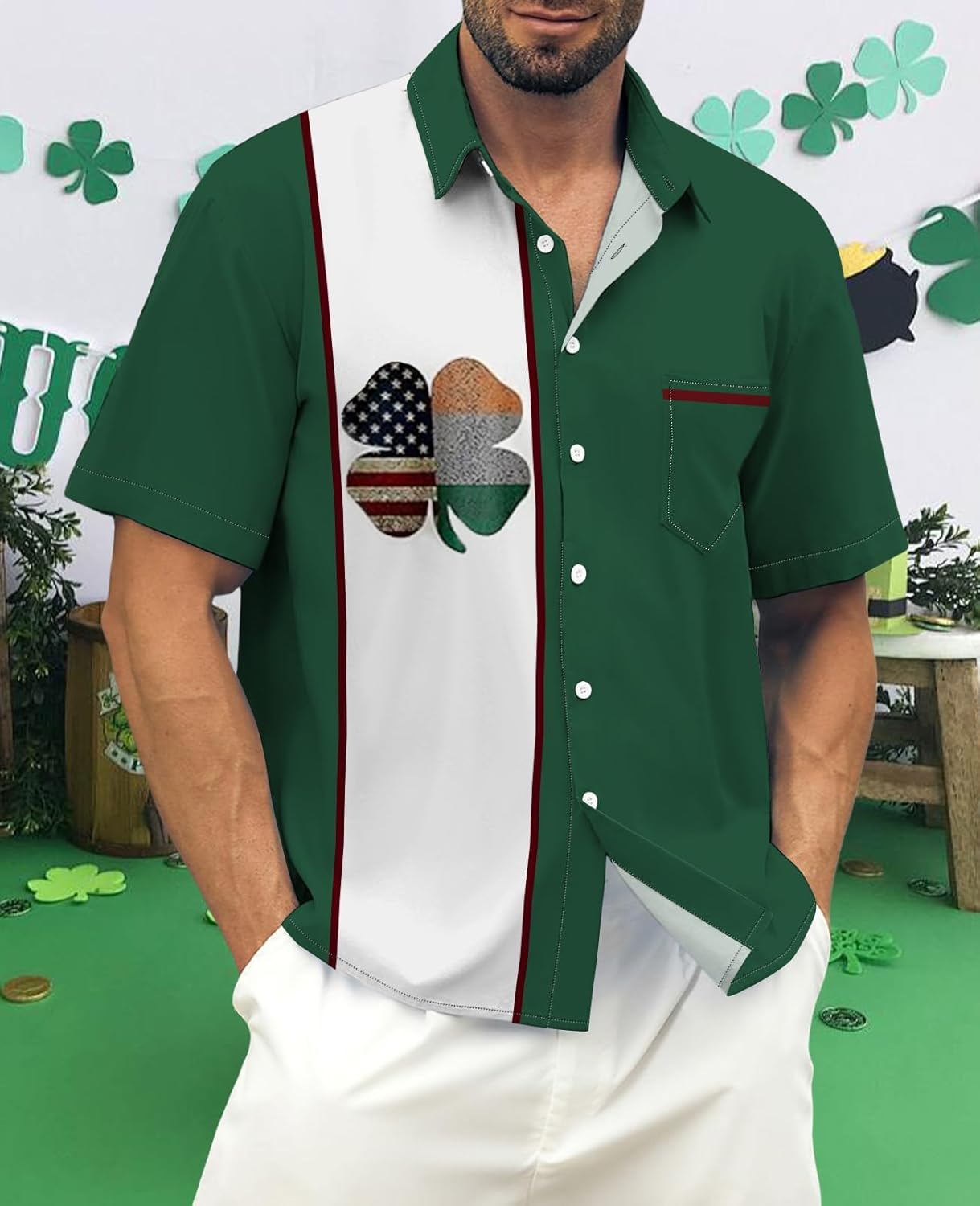 Mens 2026 ST Patricks Day Shirts Clover ST Pattys Day Funny Hat Dwarf Green Printed Short Sleeve Button Down Shirt - Image 2