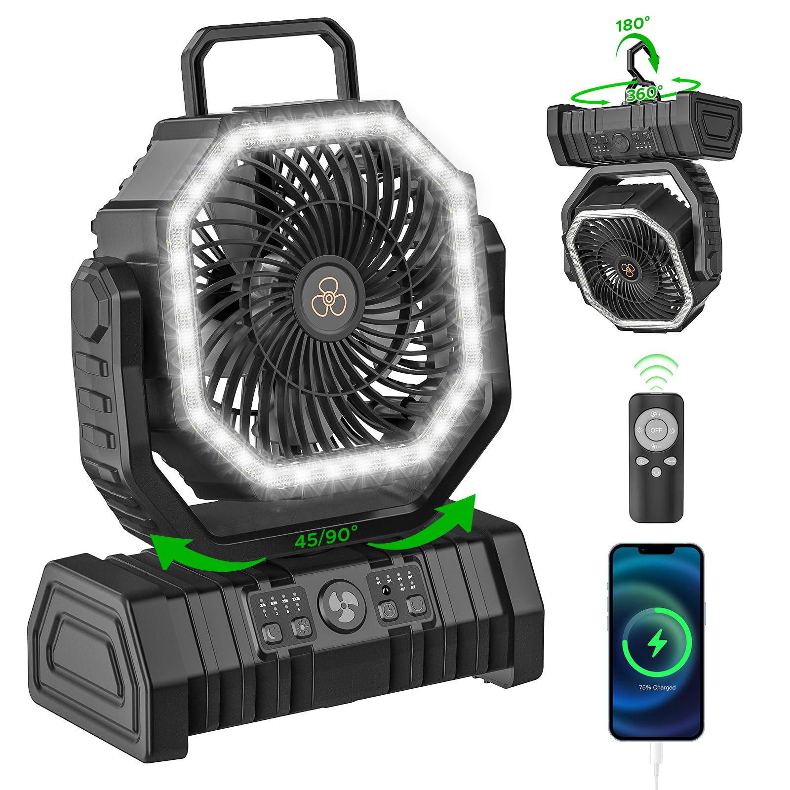Ventilador de camping recargable con linterna LED, 20000 mAh, oscilante automático, ventilador de escritorio con control remoto y gancho, ventilador portátil de 8 pulgadas para picnic, pesca, RV