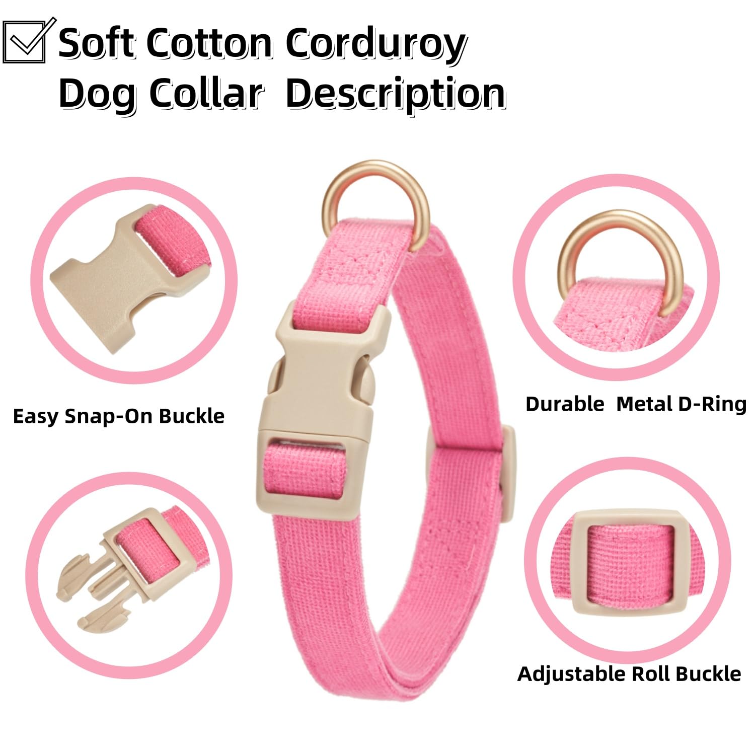 YUDOTE Soft Corduroy Dog Collar with Plastic Clip - Comforty and Adjustable for Small Dog Daily Using in Fuchsia - Image 3