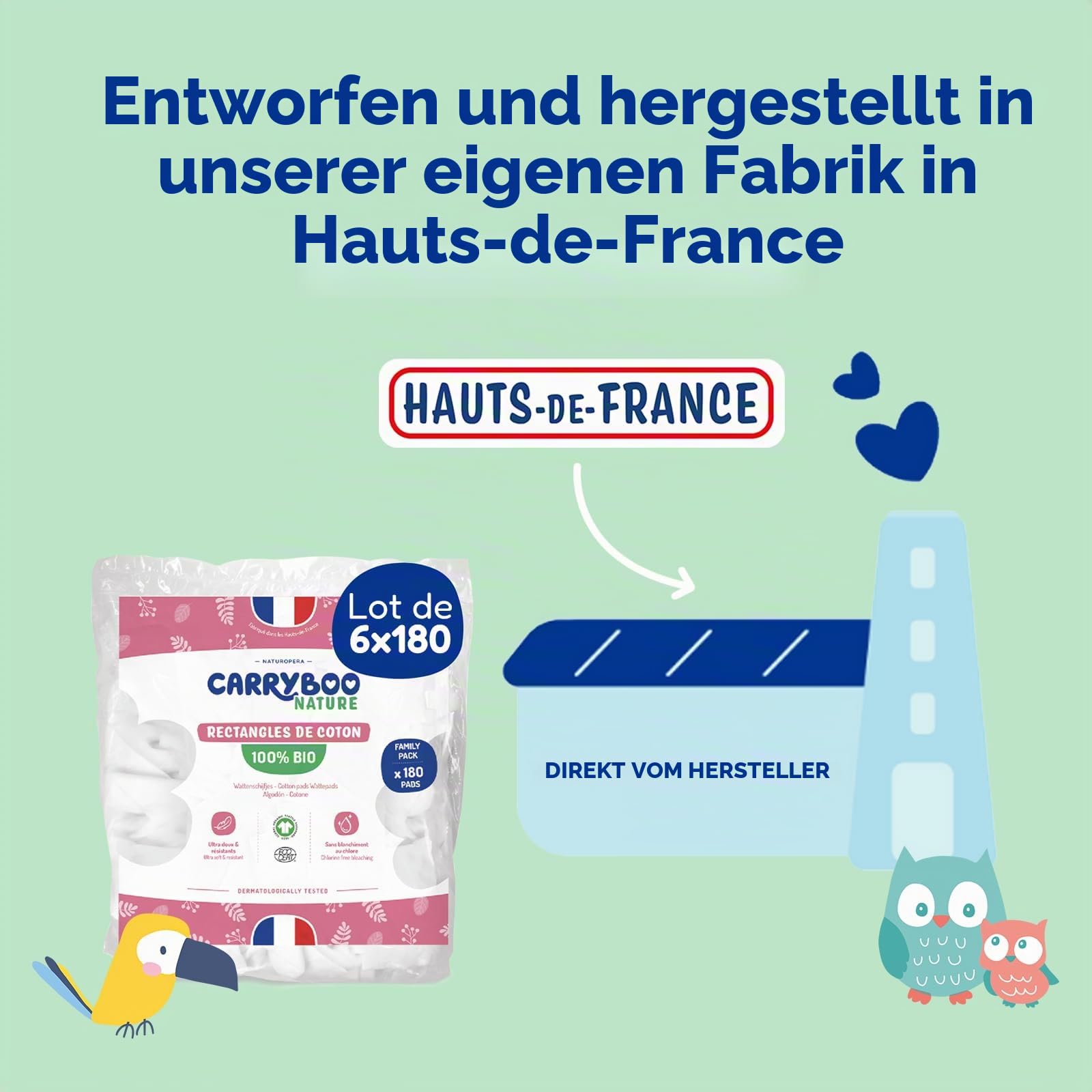 CARRYBOO - Quadratische Baby-Baumwolle – 100% Bio – für normale & empfindliche Haut – 6 Stück – ultraweich & strapazierfähig – hypoallergen – ohne Chlor gebleicht – für die ganze Familie – Packung