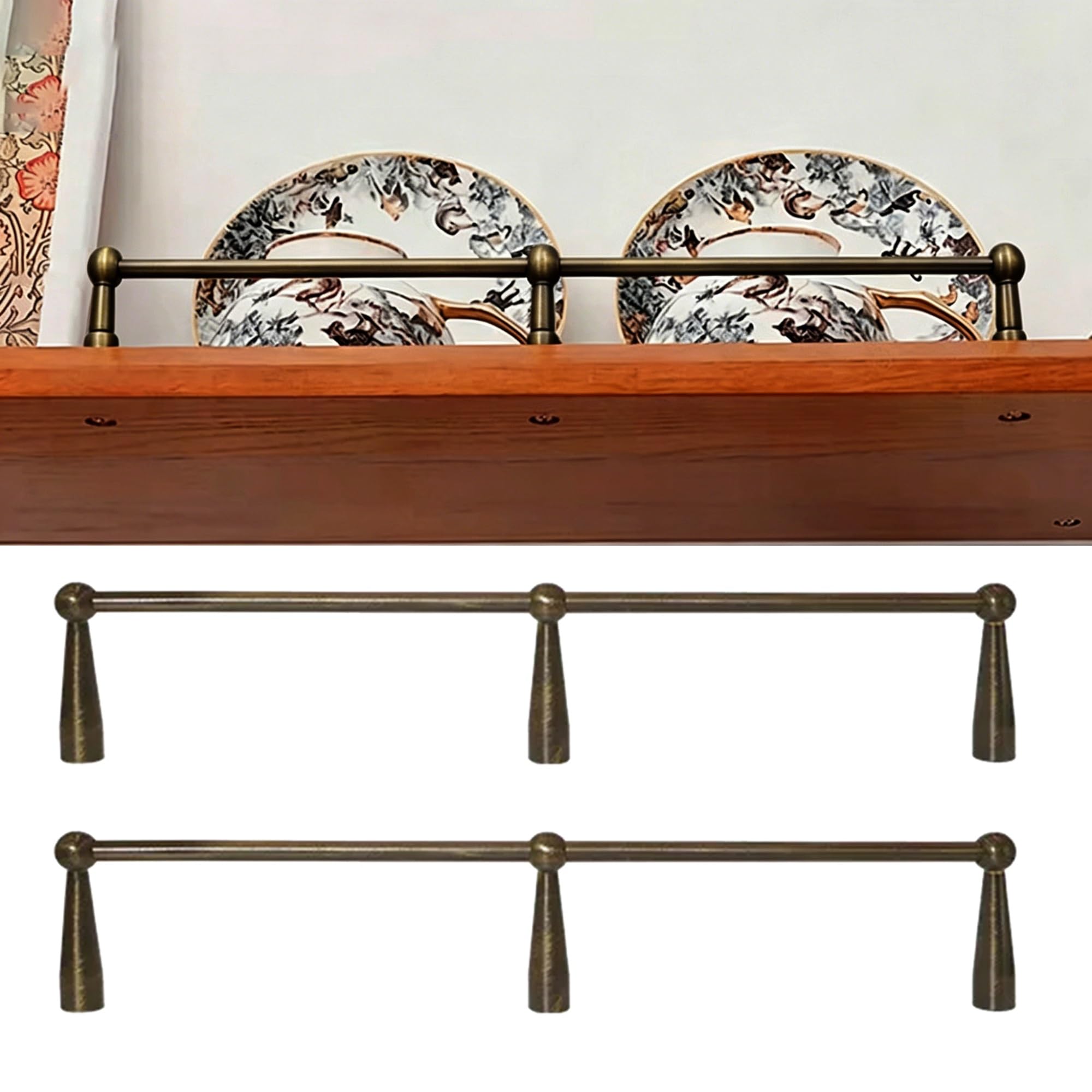 Brass Shelf Guardrail Set, Tipping Rail Bar for Wood Floating Shelf/Gallery Shelves, Metal Cabinet Item Anti-Drop Edge Guard 72 66 60 48 36 28 24 20 12 8 Inch(Antique Brass,Long 30in/76cm)