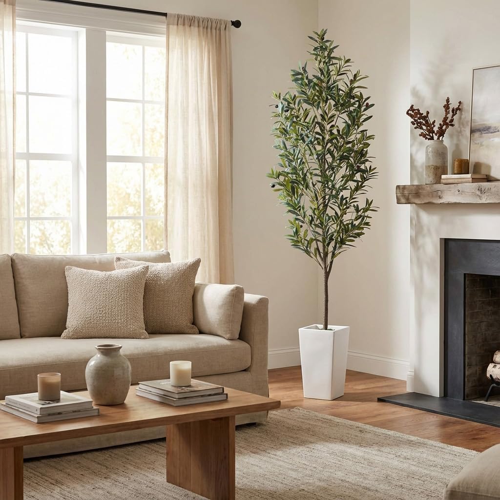 Aveyas 7ft Artificial Olive Tree for Home Decor, 7 Feet Large Faux Plant Fake Skinny Silk Trees with Pot for Indoor Outdoor House Living Room Office (7 ft Tall Including Raised Pot)