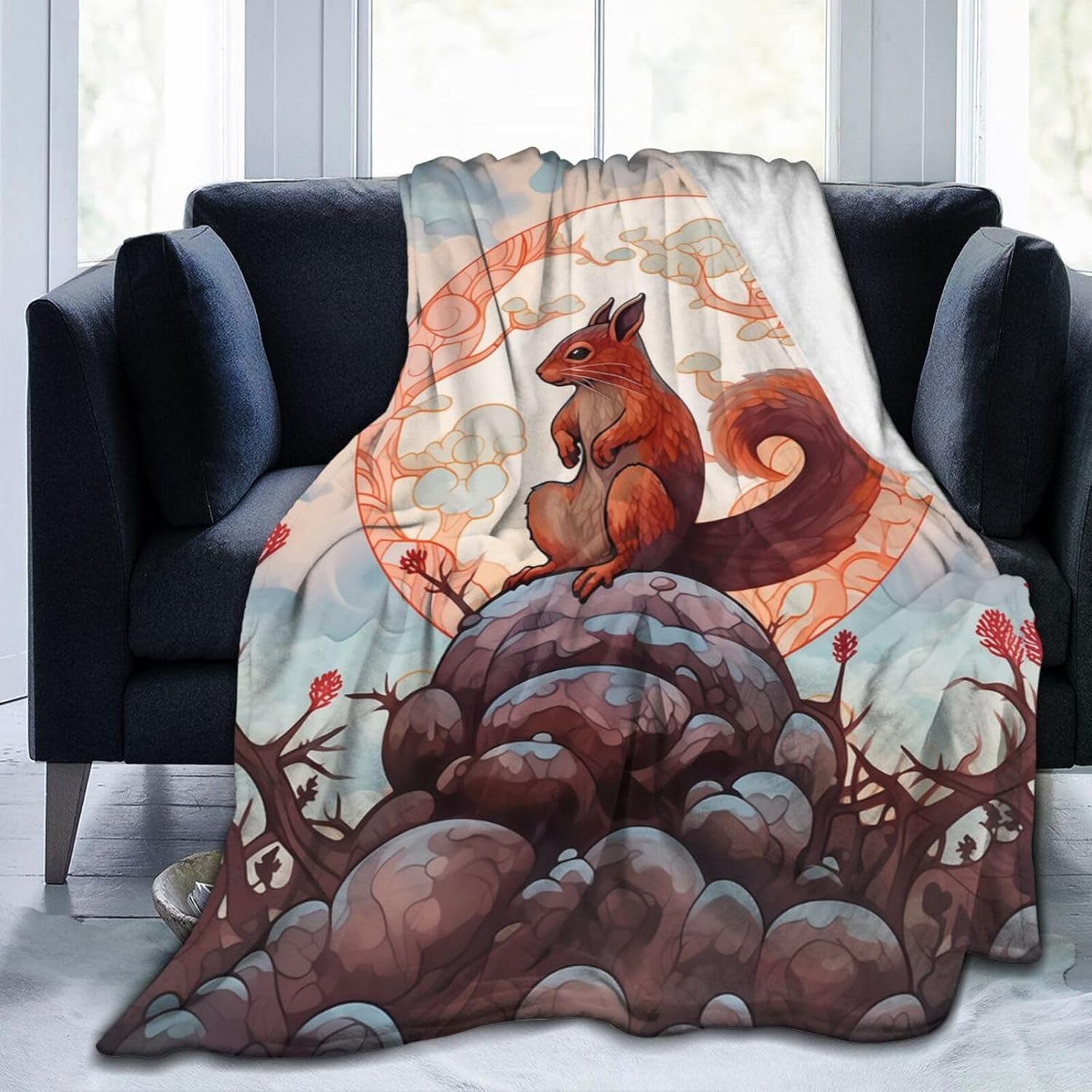 Cute Squirrel Art Print Flannel Blanket Lightweight Soft Fleece Animal Throw Blanket for Sofa Bed Women Men Children, 80"X60"