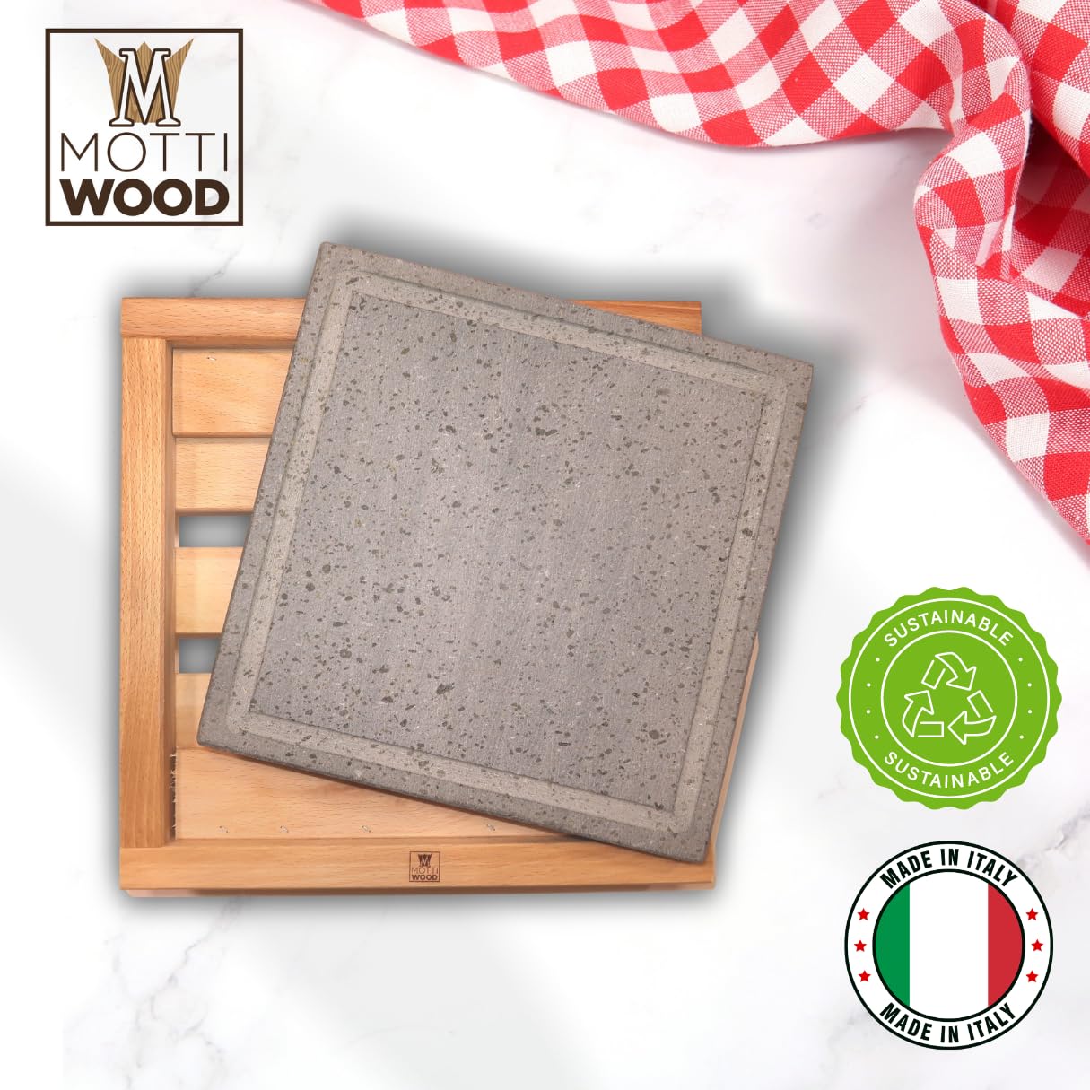 Mottinox Pietra Lavica Siciliana con Scolo, Quadrata 30x30, con Supporto Legno Faggio, Estraibile, Piastra Refrattaria per Cucinare (30x30cm) (MTX131)