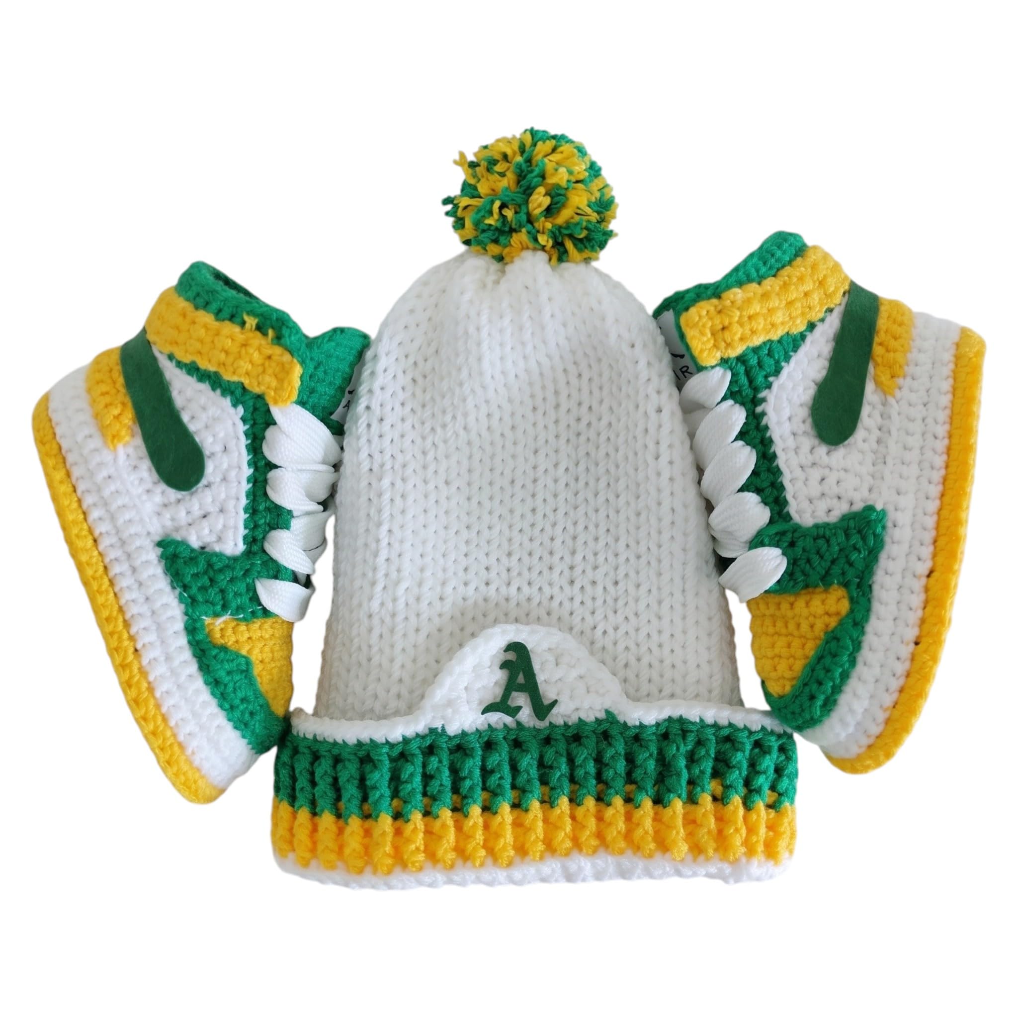 Häkel Baby Sneaker Booties Mützen Set, Jordan-Stil Grün Gelb Weiß Babyschuhe für Jungen und Mädchen, Neugeborene Kleinkinder Lauflerner, 0-3M 3-6M 6-9M 9-12M, Geschenk zur Geburt