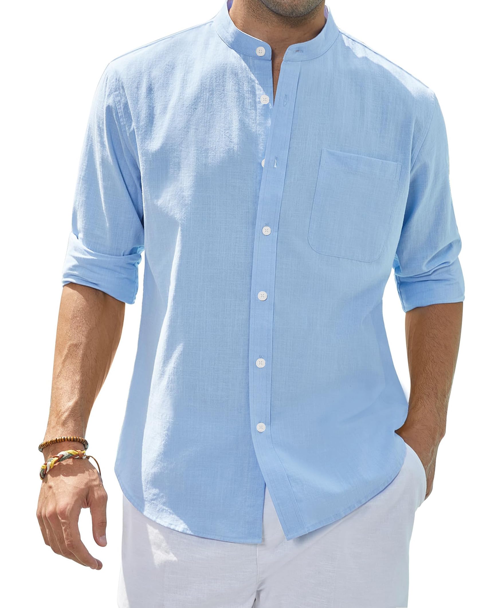 siliteelon Herren Hemd Leinenhemd Langarm Stehkragen Leinenshirt Hemden Herren Freizeithemd Casual Regular Fit Sommer Standhemd