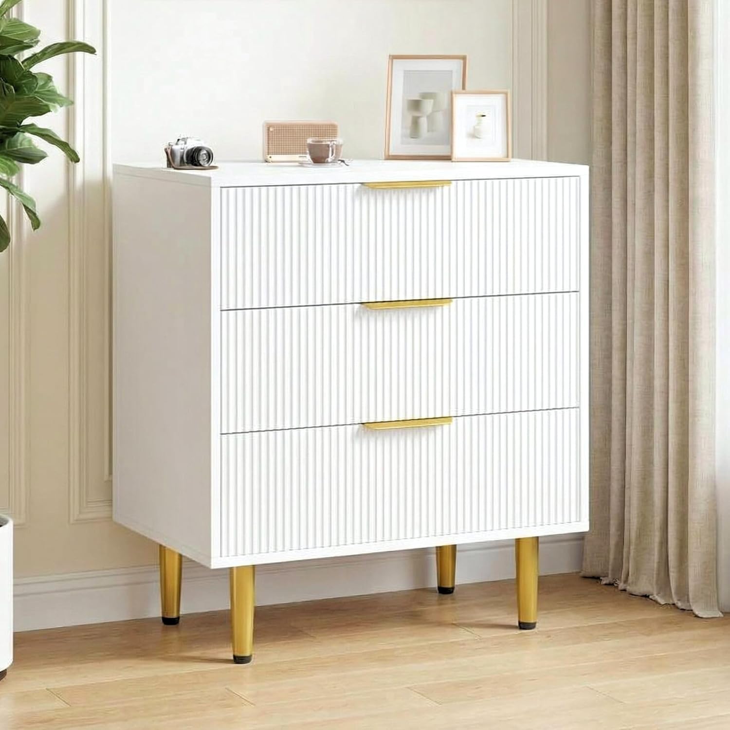 IDEALHOUSE Fluted 3 Drawer Dresser for Bedroom, 27.9" Chest of Drawers, Wood Dresser with Gold Metal Handle, Storage Organizer for Hallway and Entryway, Easy Assembly, White