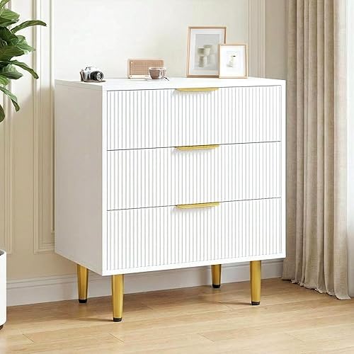 IDEALHOUSE Fluted 3 Drawer Dresser for Bedroom, 27.9" Chest of Drawers, Wood Dresser with Gold Metal Handle, Storage Organizer for Hallway and Entryway, Easy Assembly, White