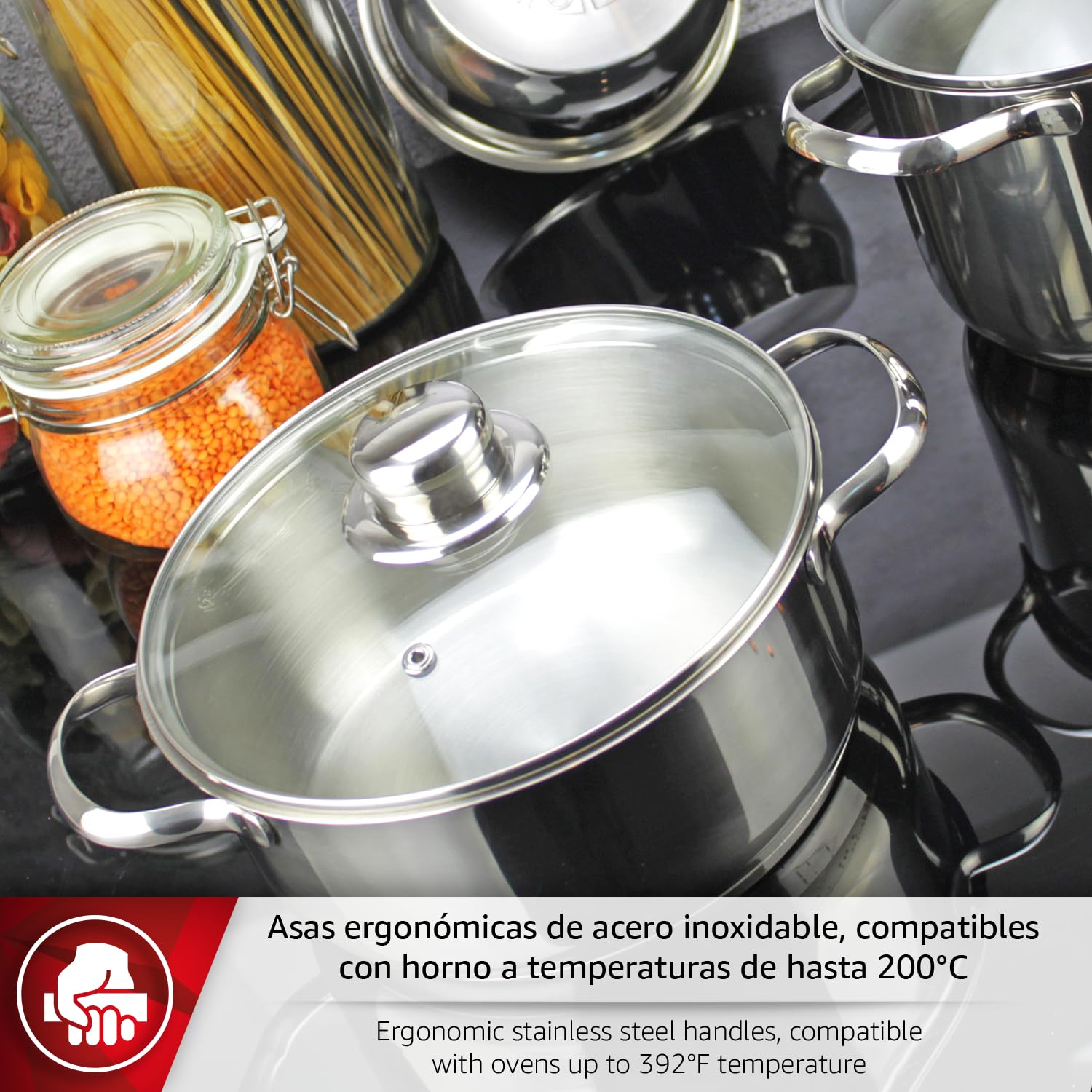 Magefesa - Dux batería de cocina, 7 piezas, fabricada en acero inoxidable 18/10, compatible con todo tipo de fuego, inducción, fácil limpieza y apta lavavajillas