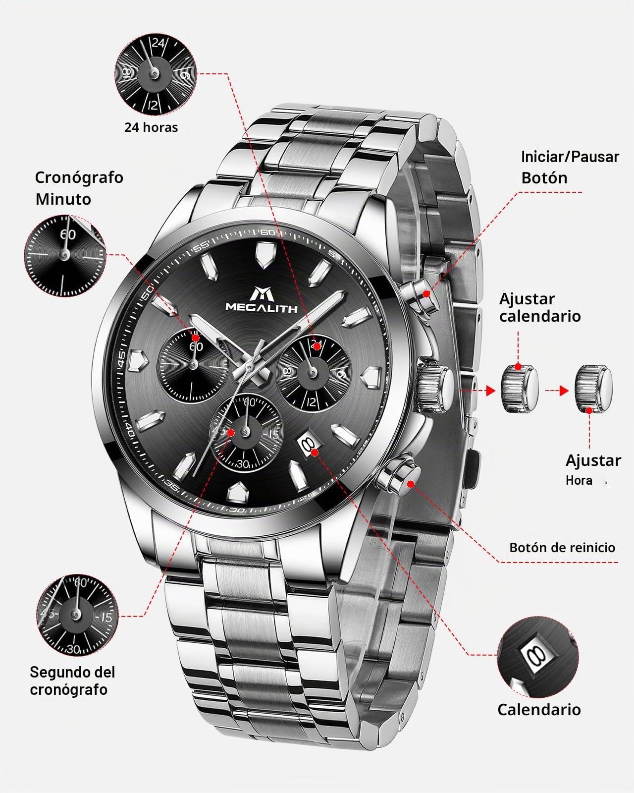 MEGALITH Reloj de Pulsera Elegante Hombre: Cronógrafo Impermeable Analogico Reloj con Fecha Luminosa - Regalo Aniversario Cumpleaños para Formal Negocios Hombre