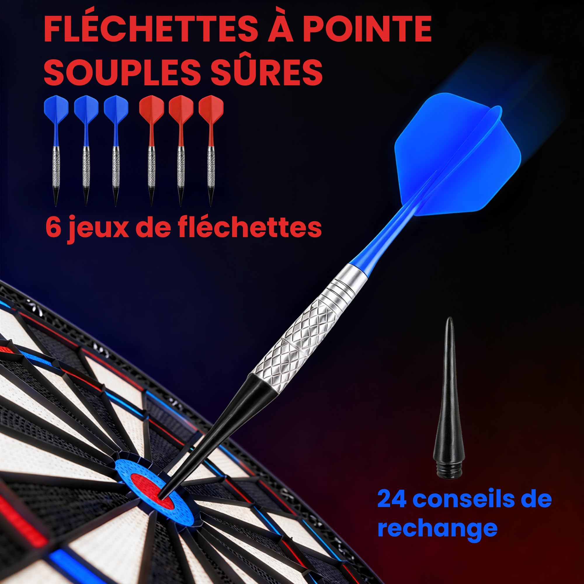 SPORTNOW Cible de fléchettes électronique à Pointe Souple avec Double écran LED, 6 fléchettes, 24 Pointes de Rechange, 33 Jeux, 202 Variantes, pour 8 Joueurs