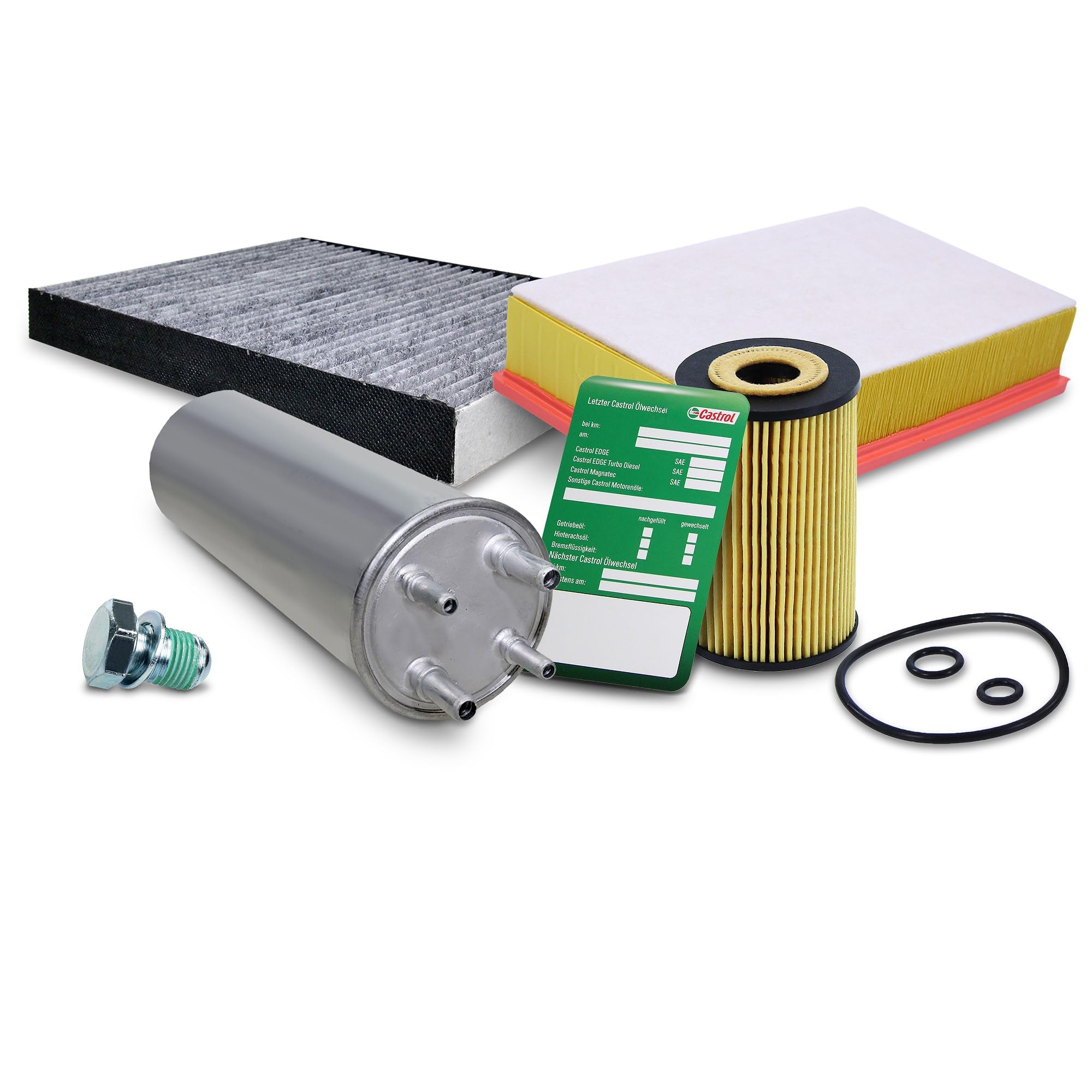 BESTPRICE Pacchetto di filtri di ispezione con 1x filtro dell'olio, 1x filtro abitacolo, 1x filtro dell'aria, 1x filtro del carburante, 1x tappo di scarico dell'olio, 1x
