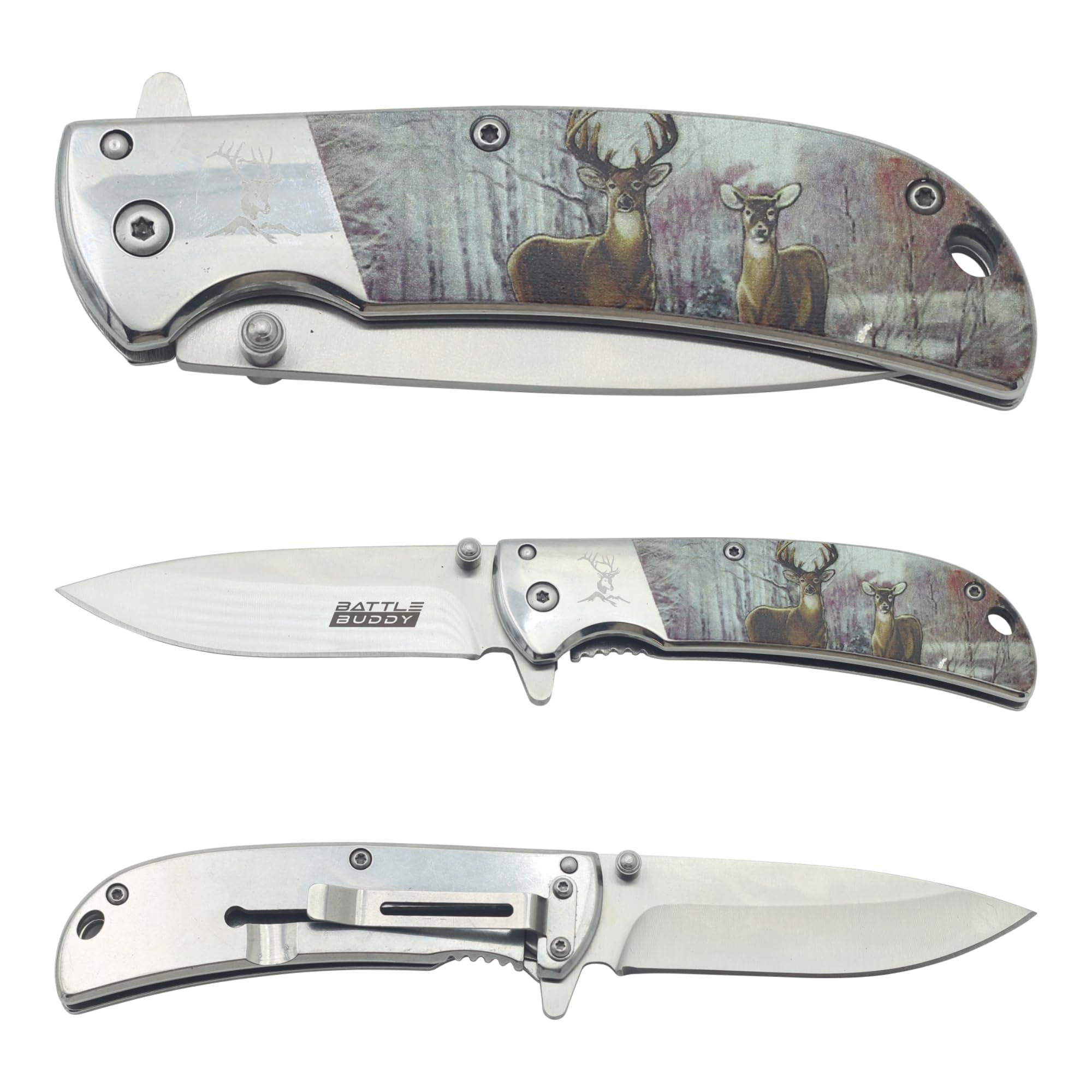 Outdoorsmen Pocket Knife - Hunting Accessories For Men - Cool Folding Knife With Pocket Clip - 420 Stainless Steel Blade - Unique Designs for Outdoorsmen & Collectors