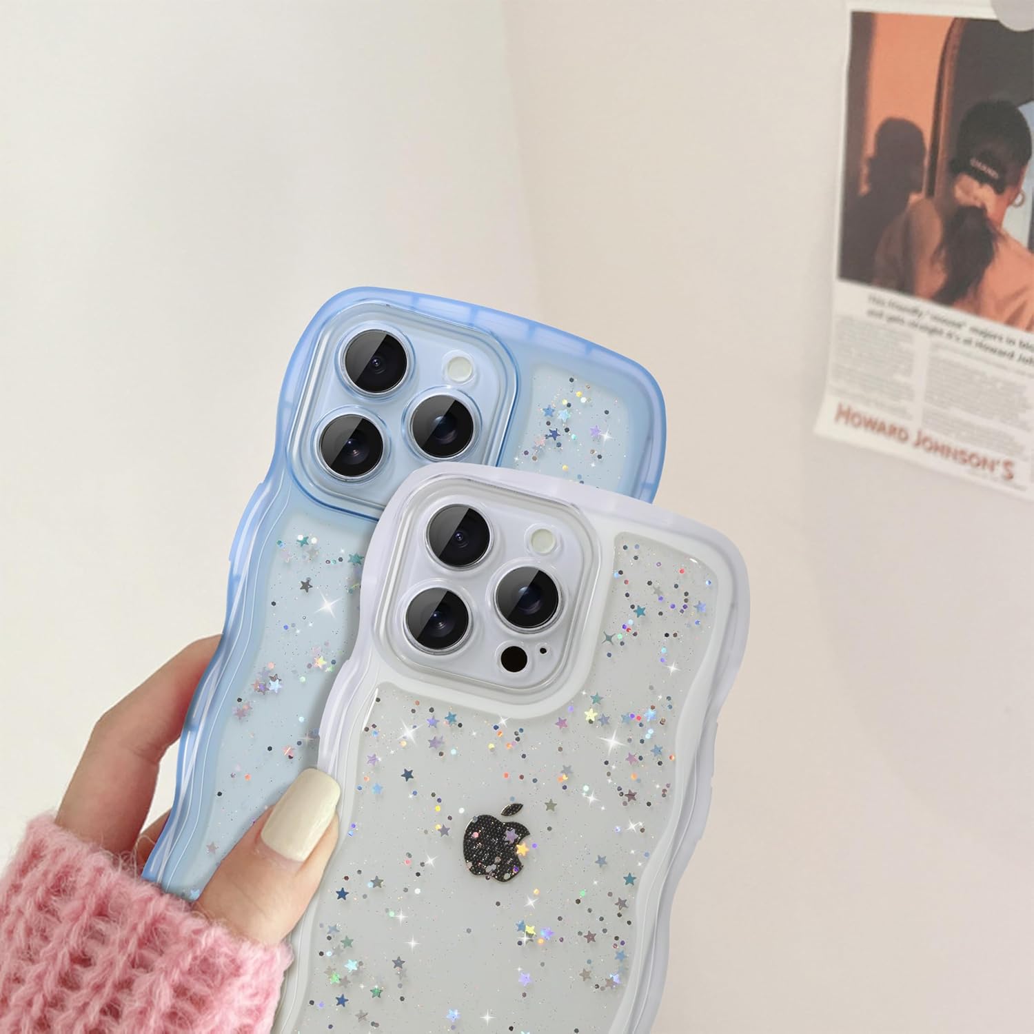 Case for iPhone 15 Pro - Curly Wave Edge Design, Bling Glitter Star Shiny Case, Cute Pink Clear Full Protection Soft TPU Shockproof Cover for Women and Girls (iPhone 15 Pro, Clear) - Image 5