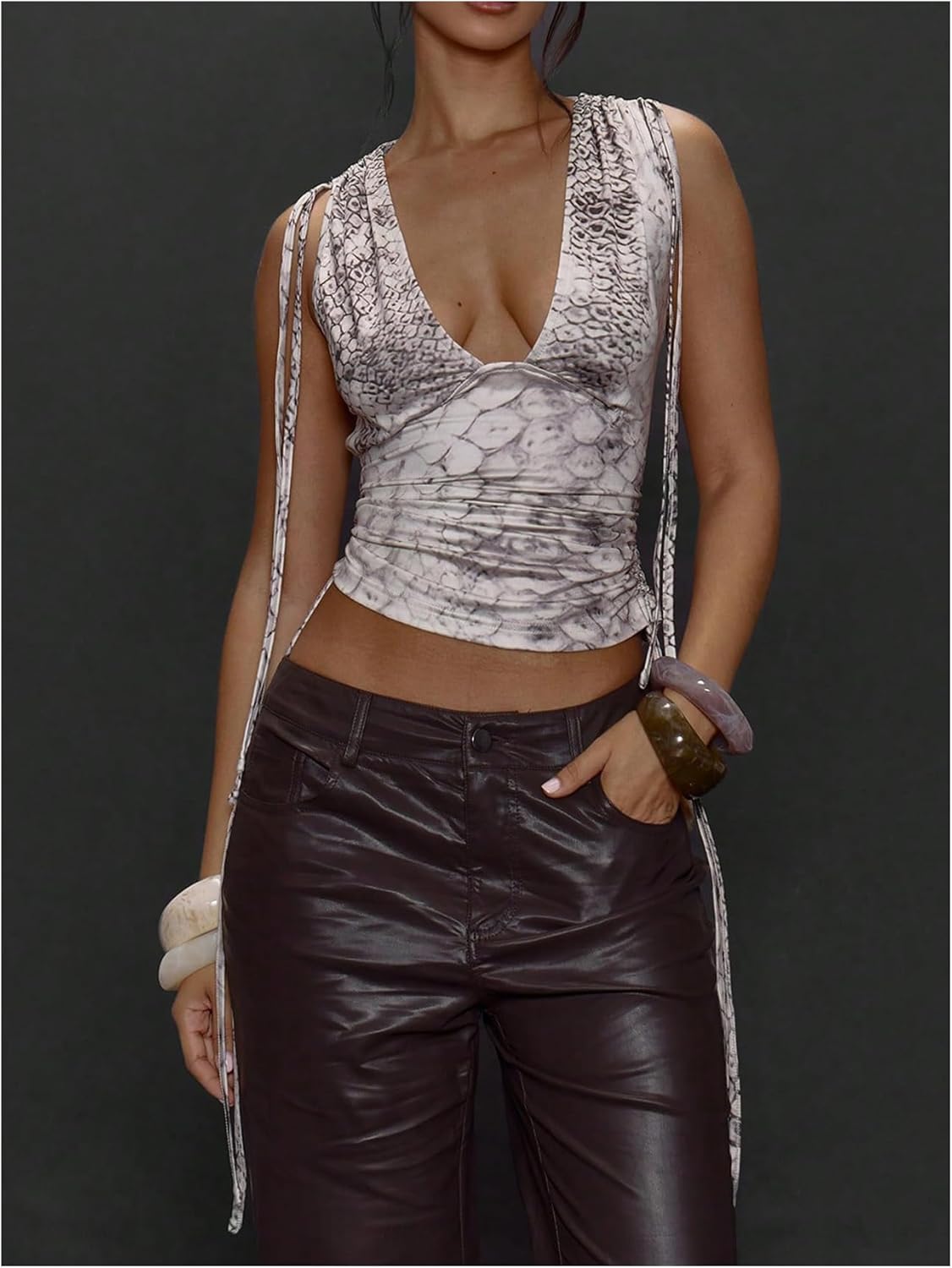 SweatyRocks Women's Snake Print Deep V Neck Tank Top Sexy Sleeveless Fitted Crop Night Out Tops - Image 4