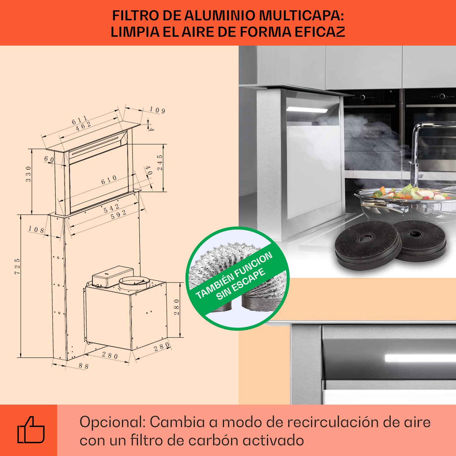 Klarstein Royal Flush Eco 60cm - Campana extractora retráctil, 576 m³/h, Touch-To-Slide, LED, eficiencia energética A++, acero inoxidable y cristal, recirculación/extracción de aire