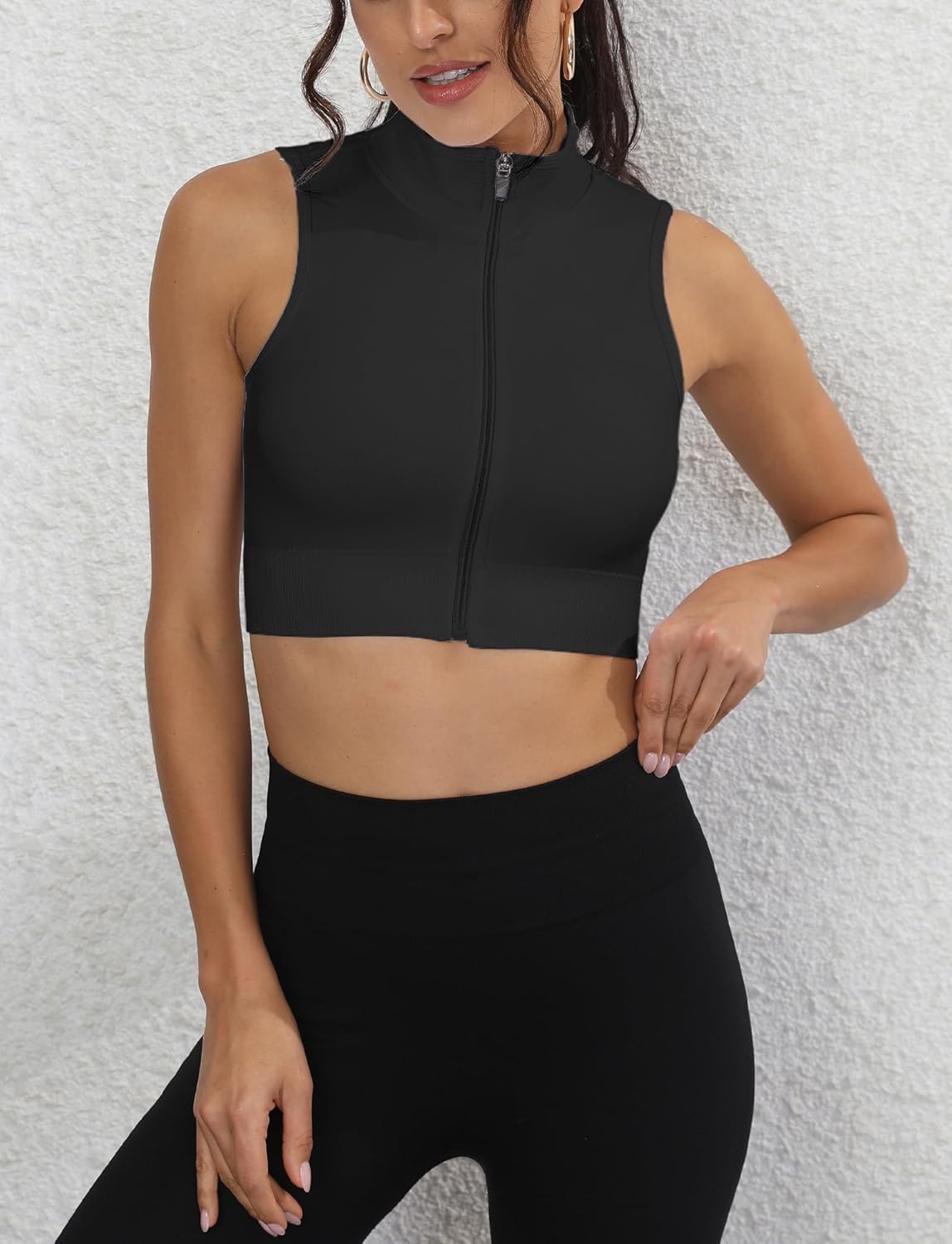 FEOYA Women Workout Cropped Jacket Sports Crop Tank Tops Cute Athletic Full Zip Shirts Sleeveless Yoga Top - Image 3