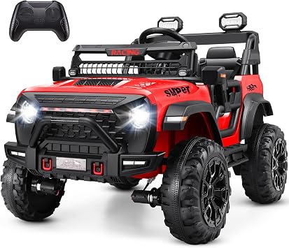 Hikole 2 Seater Ride on Car with Remote Control,24V Battery Powered Electric Truck for Kids,4x100W Motor,LED Headlights,Music Player,Ride on Toy for Big Kids, Red