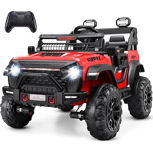 Hikole 2 Seater Ride on Car with Remote Control,24V Battery Powered Electric Truck for Kids,4x100W Motor,LED Headlights,Music Player,Ride on Toy for Big Kids, Red