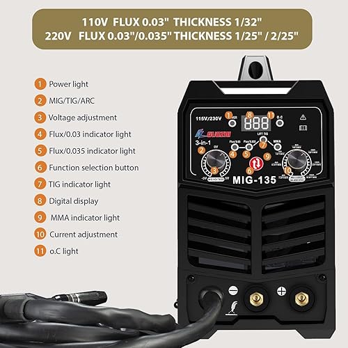 Miniatura 3 de GZ GUOZHI Soldador MIG de 135 amperios, soldador de núcleo de flujo 110220 V, máquina de soldadura 3 en 1 Flux MIGMMALIFT TIG, soldador inversor IGBT