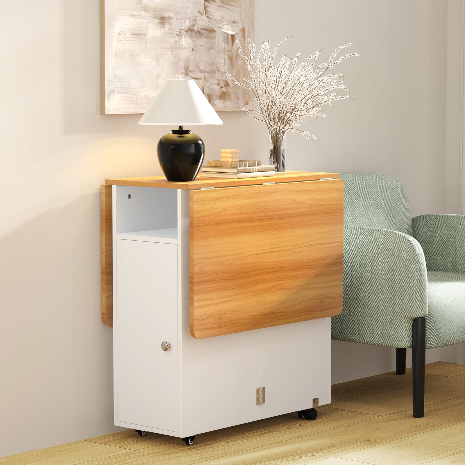 Mesa de Comedor y Cocina Plegable con Ruedas y Compartimento de Almacenamiento 110 * 70 * 78 cm Naranja-Blanco