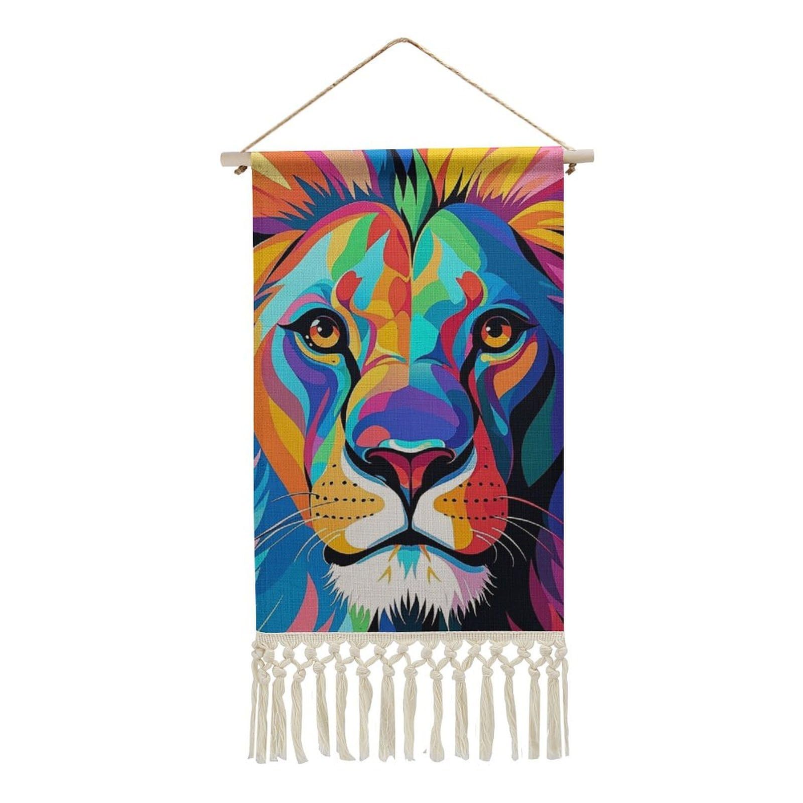 FekiLoot Colorful Lion Wall Art Poster Hanger Frame Vertical Tassel Tapestry Cotton Linen Hanging Poster Decorative Wall Art Prints Vintage Wall Art Decor for Home Bedroom Living Room Office