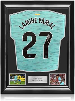 Lamine Yamal Signed Barcelona 2023-24 Third Soccer Jersey. Superior Frame