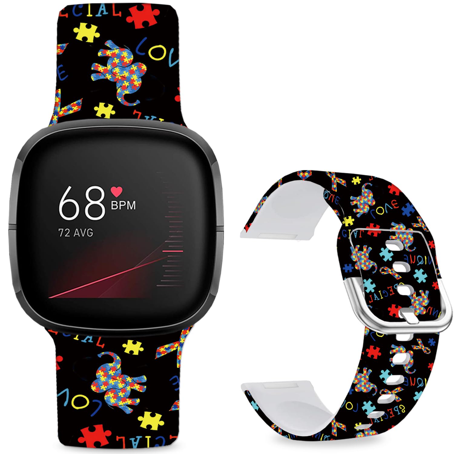 Leotop Pattern Printed Soft Silicone Replacement Bands Compatible with Fitbit Versa 4/ Fitbit Versa 3/ Fitbit Sense 2/Fitbit Sense for Women Men Teens. (Colorful Elephant) — image 1