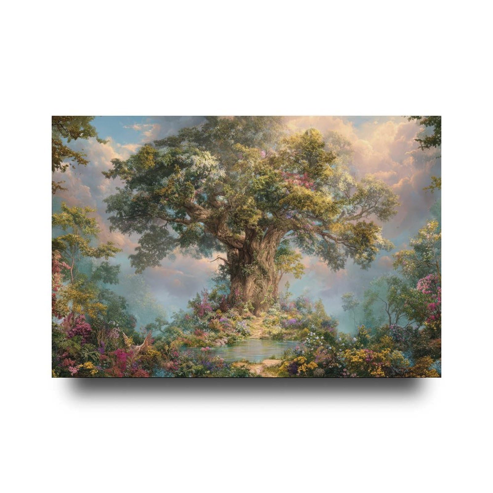 Majestic Tree of Life Canvas Poster Art Print Vintage Fantasy Tree Enchanted Forest Vibrant Floral Mystical Garden Scene Nature Landscape Wall Art Decor For Living Room, Bedroom Kitchen Bathroom