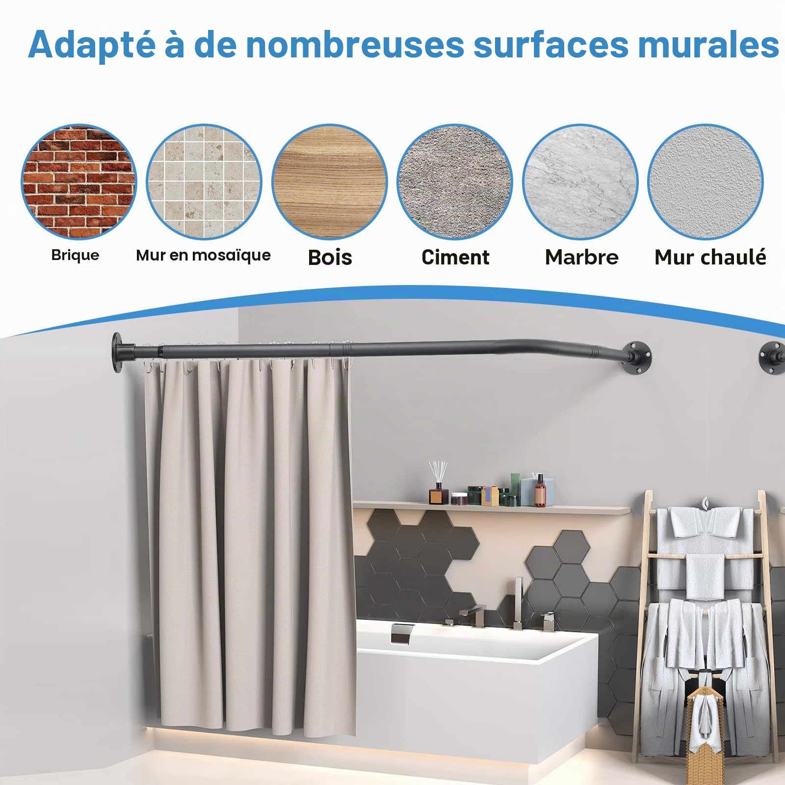 L Forme Tringle à Rideau de Douche, Extensible Angle Barre De Douche Inox, 60-138 cm Réglable Barre Rideau Douche pour Salle de Bain Baignoire,Magasin de Vêtements, Espace Privé,Installé Par Perçage