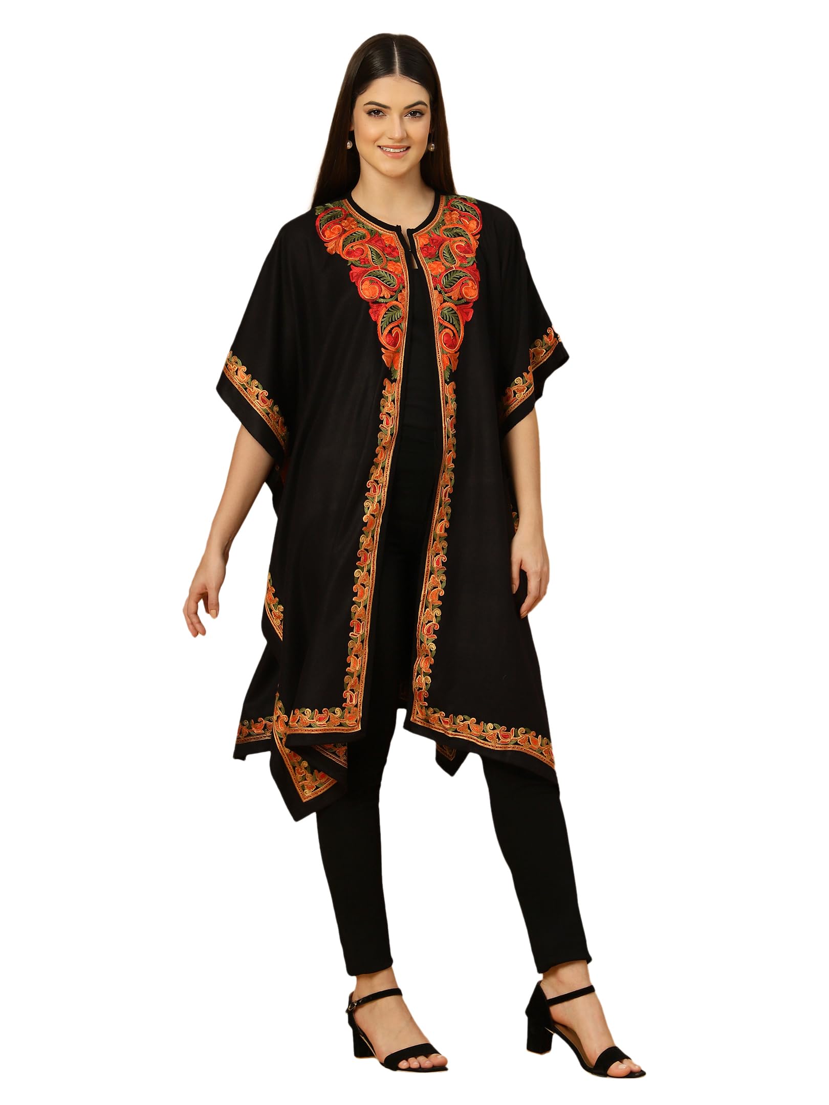 zamour Kashmiri Aari Embroidered Pheran Shrug for Women Traditional Design on Neck, Handcrafted Woolen Poncho-picture-18